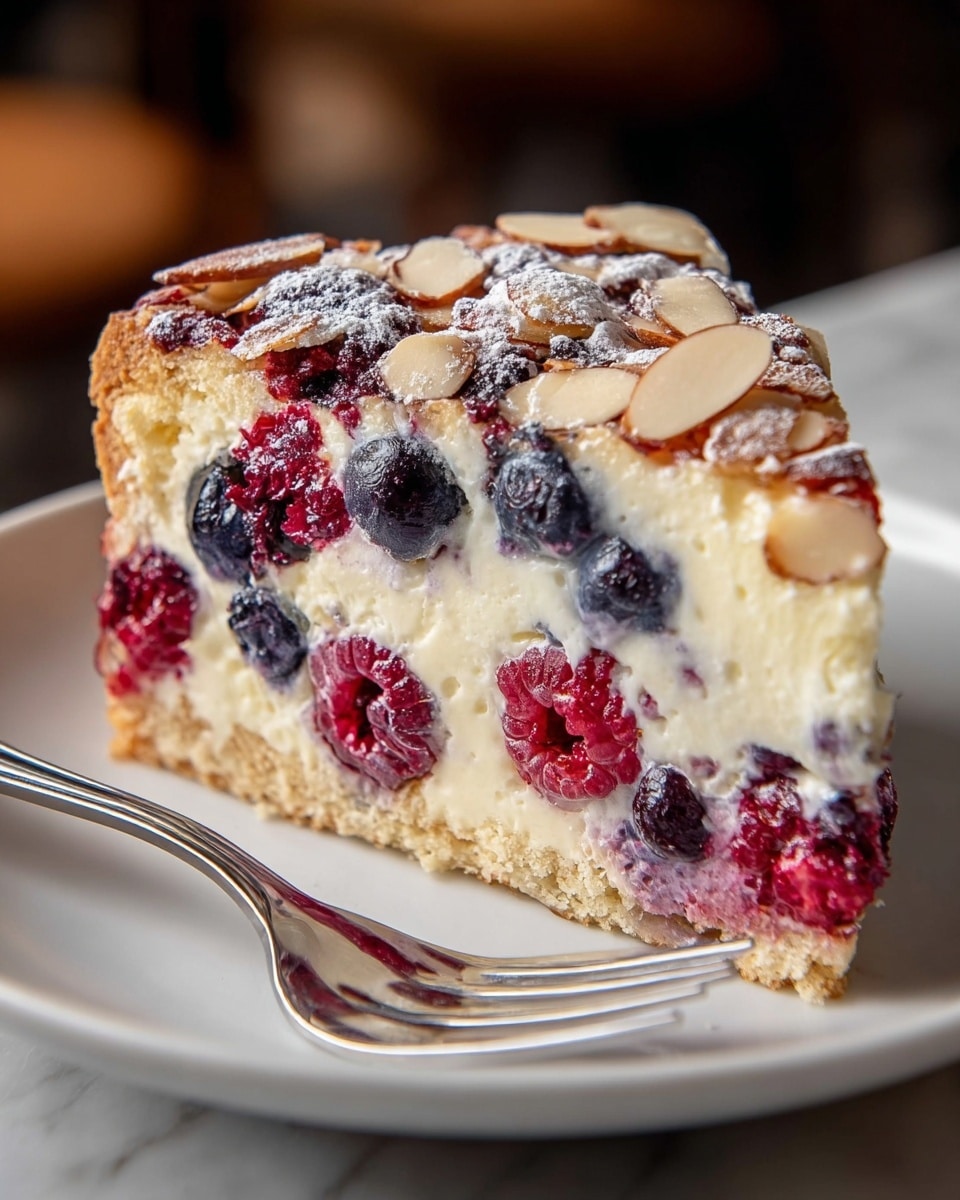 A thick slice of berry cheesecake sits on a white plate with a shiny silver fork beside it. The cake has three main layers: a light brown crumbly base, a thick middle layer of creamy white cheesecake filled with whole red raspberries and dark blue blueberries, and a top layer of golden baked cheesecake scattered with sliced almonds and dusted with white powdered sugar. The berries add bright spots of red and dark blue throughout the creamy middle and on top. The surface is a white marbled texture. The cake looks soft and moist with a slight browning on the edges. photo taken with an iphone --ar 4:5 --v 7
