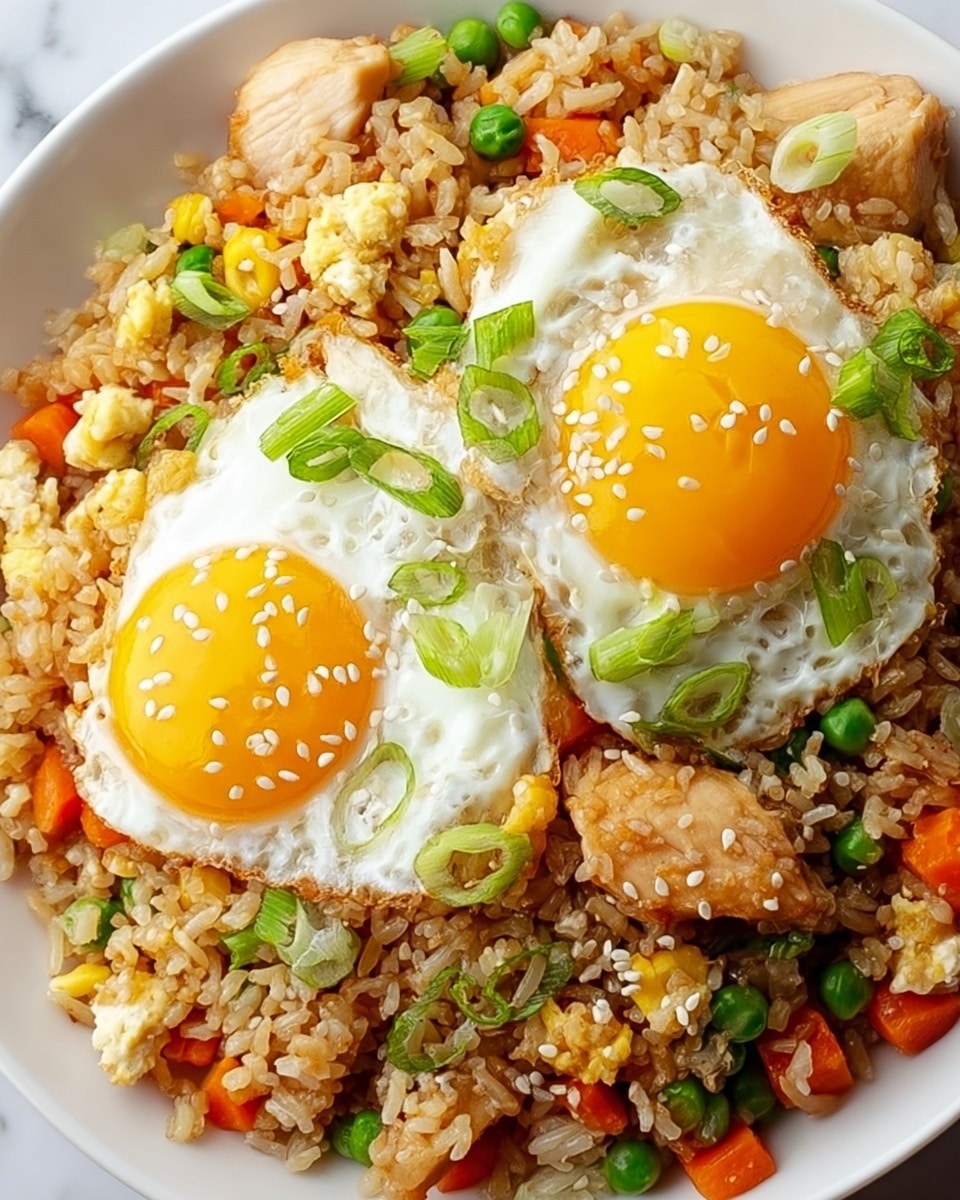 The image shows a close-up of a white bowl filled with fried rice layered with cooked chicken chunks, small green peas, and diced orange carrots mixed throughout the rice grains. On top, there are two sunny-side-up eggs with bright yellow yolks surrounded by white cooked egg whites. The eggs are garnished with a sprinkle of sesame seeds and chopped fresh green onions, which add a fresh texture and color contrast. The dish sits on a white marbled surface. Photo taken with an iphone --ar 4:5 --v 7
