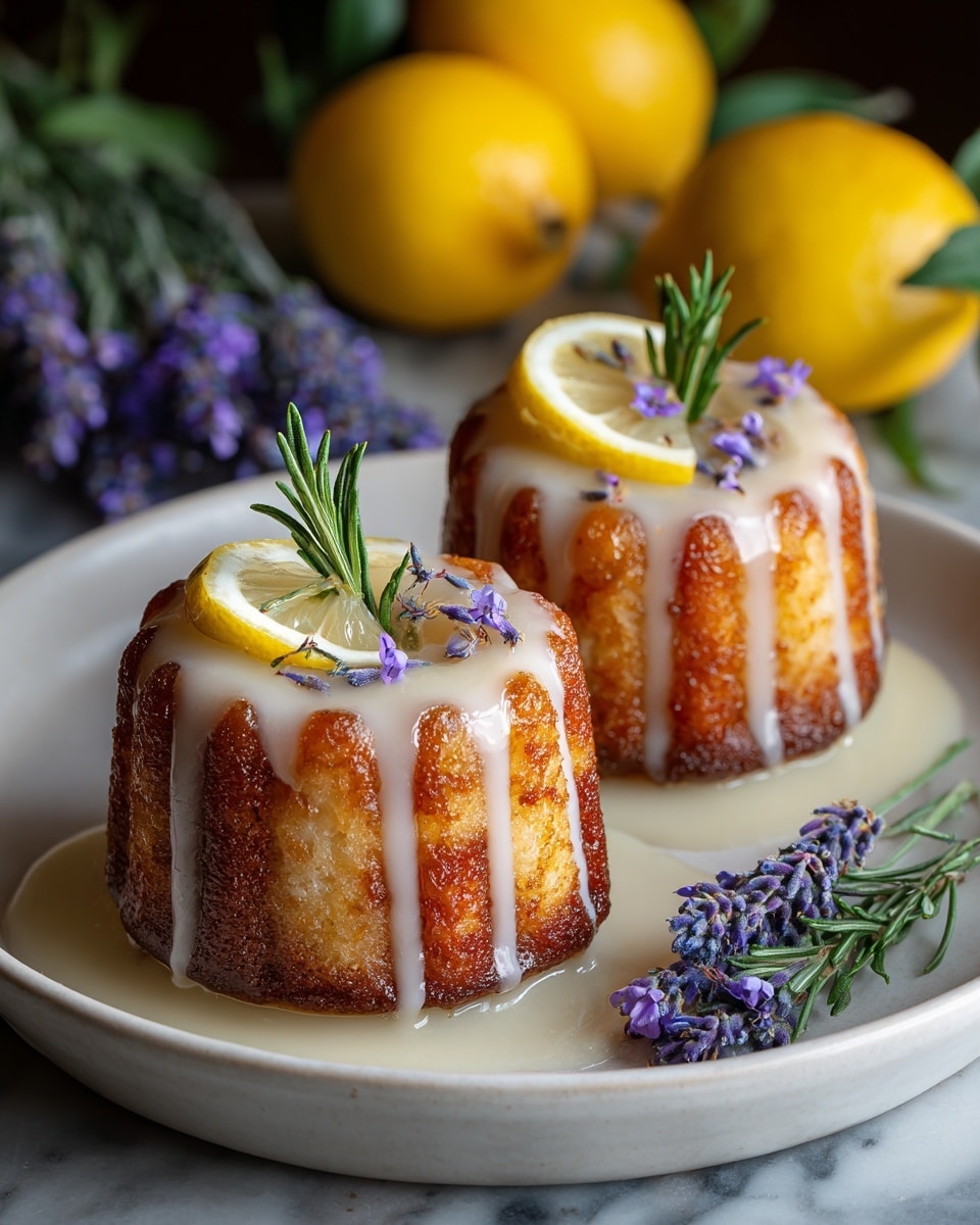 Two small, round cakes with ridged sides sit on a white plate, each topped with a drizzle of light, glossy icing that runs down the sides. The cakes have a golden-brown, slightly caramelized texture on the outside. Each cake is garnished with a small wedge of pale yellow lemon and a sprig of fresh green rosemary, along with tiny purple flower petals scattered on top and around. To the side of the cakes, there is a small bunch of purple lavender flowers. The background shows blurred whole lemons and more lavender, all set against a white marbled surface. photo taken with an iphone --ar 4:5 --v 7