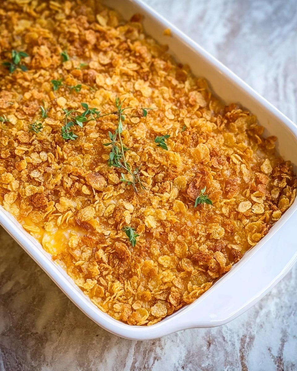 The image shows a baked dish in a white oval baking dish placed on a white marbled surface. The dish has a single visible layer topped with a golden-brown crunchy crust made of crumbs and cornflakes, with some small green herbs sprinkled in the center. The texture of the topping appears crisp and flaky, giving a rich contrast to the smooth dish underneath. The baked crust covers the whole surface evenly, creating a warm and inviting appearance. Photo taken with an iphone --ar 4:5 --v 7