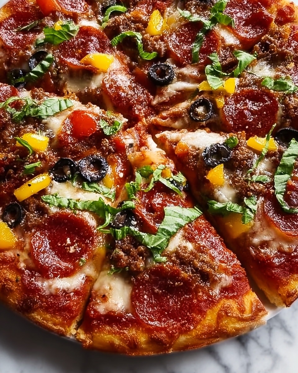 A close-up view of a pizza sliced into pieces on a white marbled surface, showing a golden brown crust with a layer of bright red tomato sauce underneath melted, bubbly, creamy white cheese spread evenly on top. On this base, there are circular, shiny red pepperoni slices scattered with small brown sausage chunks, black olive rings, and yellow bell pepper pieces. Bright green fresh basil leaves and small bits of green herbs are spread lightly over the top, adding a fresh contrast of colors. The overall look is rich and textured, with different colors and ingredients layered clearly over each slice. photo taken with an iphone --ar 4:5 --v 7