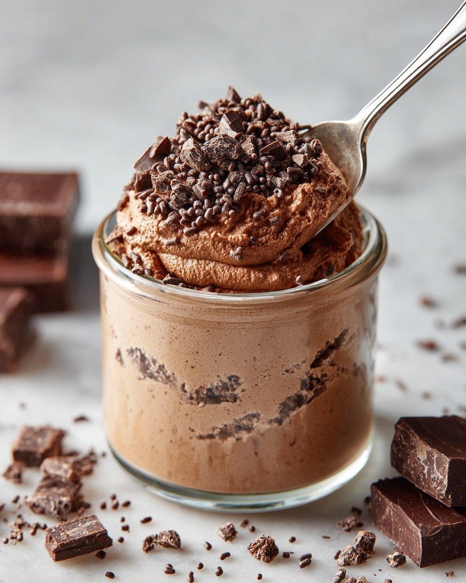 A clear glass jar filled with a thick, fluffy layer of smooth light brown chocolate mousse that reaches just above the rim, topped with a mound of darker brown, roughly chopped chocolate pieces and small chocolate sprinkles scattered on top and around the mousse, placed on a white marbled texture surface with some chocolate chunks and sprinkles nearby, a blurred glimpse of a silver spoon held by a woman's hand in the background and some blocks of dark chocolate on the side; photo taken with an iphone --ar 4:5 --v 7