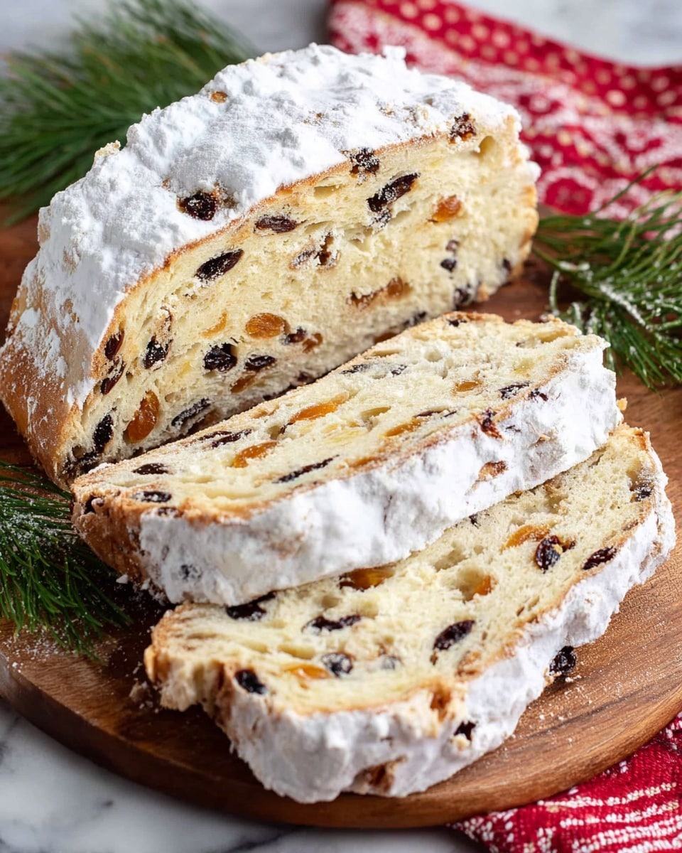 A loaf of fruit bread is shown cut into three pieces stacked on a wooden board with a red patterned cloth underneath. The bread has two visible layers: the outer layer is dusted with a thick white powdered sugar coating, and the inside layer is a light beige dough filled with dark raisins and pieces of nuts scattered evenly throughout. The texture inside looks soft and slightly dense with visible chunks of fruit and nuts. Some green pine leaves are visible on the left side as decoration. The surface is a white marbled texture. photo taken with an iphone --ar 4:5 --v 7