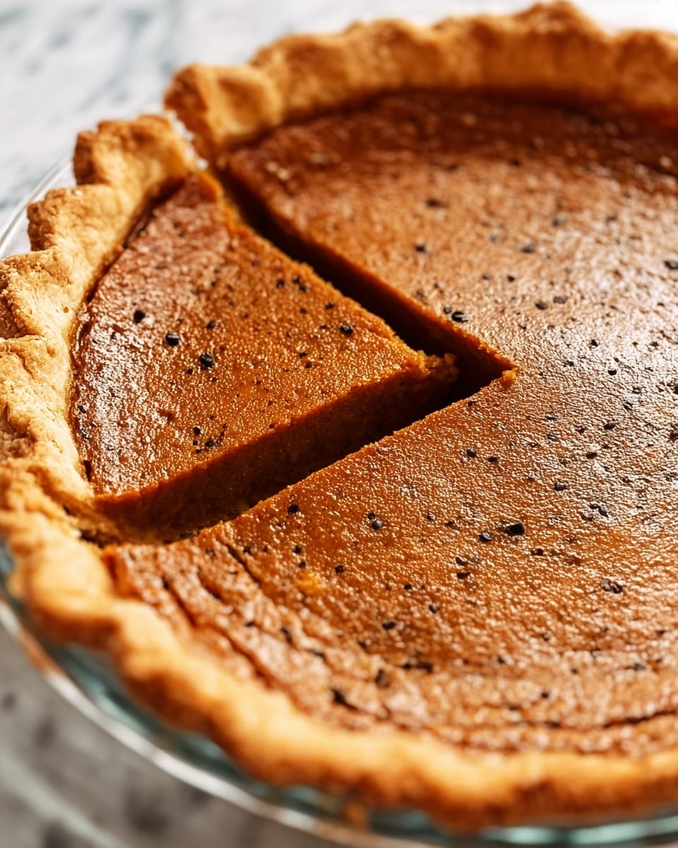 A close-up view of a pumpkin pie with a golden brown crust, visible on the edges with a crimped, slightly textured look, holding a smooth and slightly shiny deep orange filling that has small dark specks scattered across its surface. One slice is cut out, showing the even thickness of the filling, which sits firmly within the crust. The pie is placed on a white marbled surface. photo taken with an iphone --ar 4:5 --v 7