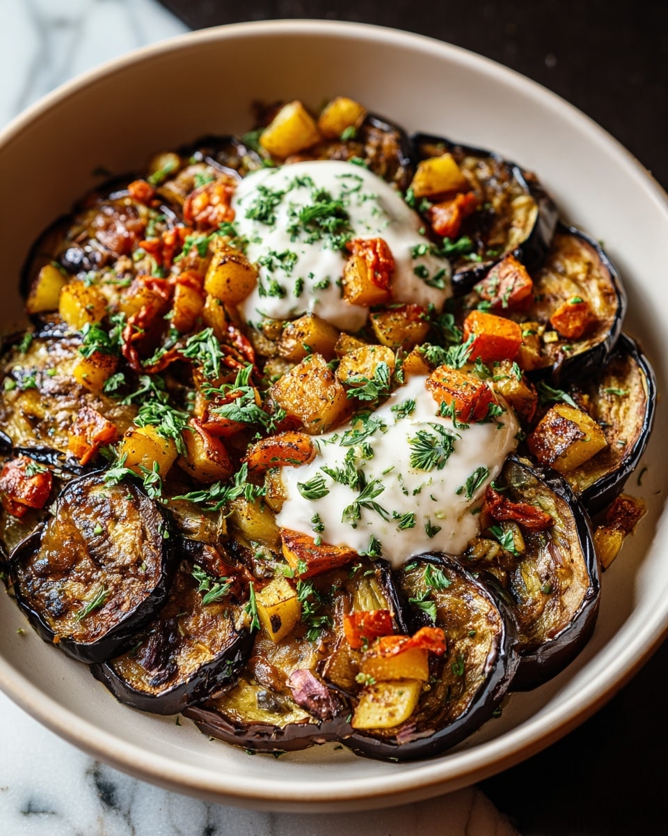 A white bowl filled with grilled eggplant slices arranged in a circle around the edge. Each eggplant slice is dark purple on the outside with golden-brown, slightly charred flesh inside. On top of the eggplant are small diced pieces of sautéed onions and red bell peppers, giving a mix of light beige and orange-red colors scattered evenly. In the center of the bowl, there are two dollops of creamy white sauce sprinkled with chopped green herbs. The dish sits on a white marbled surface. photo taken with an iphone --ar 4:5 --v 7