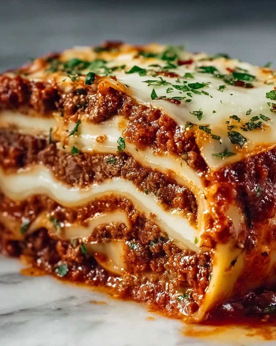 A close-up of a thick slice of lasagna shows multiple layers stacked together. The bottom and middle layers are creamy and white, likely cheese, smooth and flowing slightly. Between the cheese layers, there are rich brown cooked meat layers mixed with green herbs, adding texture. The top layer is covered in a glistening red tomato sauce with some melted cheese on it, melted unevenly with browned spots, and sprinkled chopped green herbs on top. The lasagna edges are slightly crispy and darkened, showing a well-cooked texture. The dish is set against a white marbled surface. photo taken with an iphone --ar 4:5 --v 7