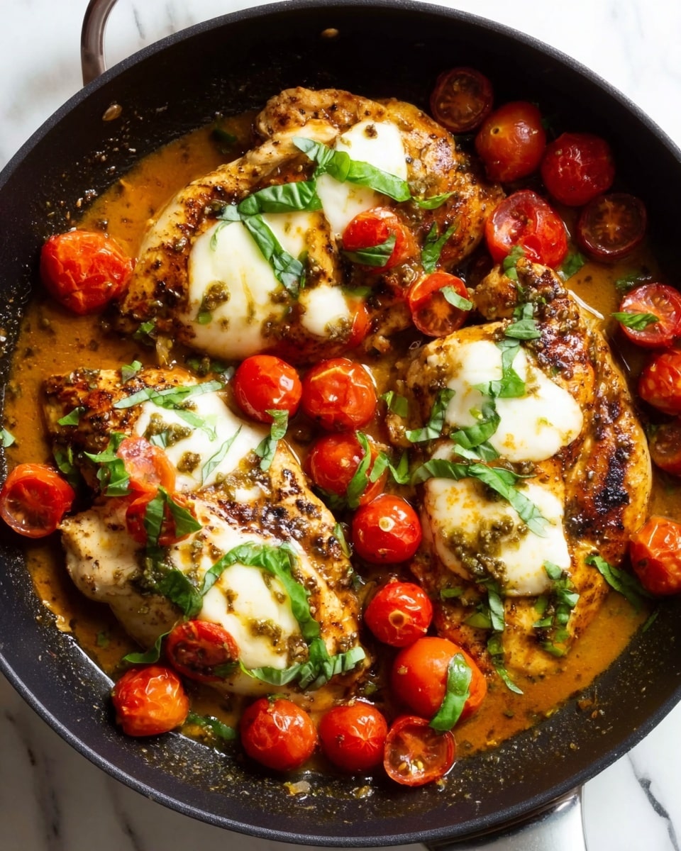 The image shows a cooked chicken dish in a black skillet placed on a white marbled surface. The dish has three large pieces of chicken breast, each topped with melted white cheese and green basil leaves. Around the chicken are bright red cherry tomatoes, some whole and some slightly roasted, sitting in a rich orange-brown sauce. The chicken has a golden-brown grilled texture with some seasoning visible on top. The colors contrast well with the skillet and the white marbled background. Photo taken with an iphone --ar 4:5 --v 7