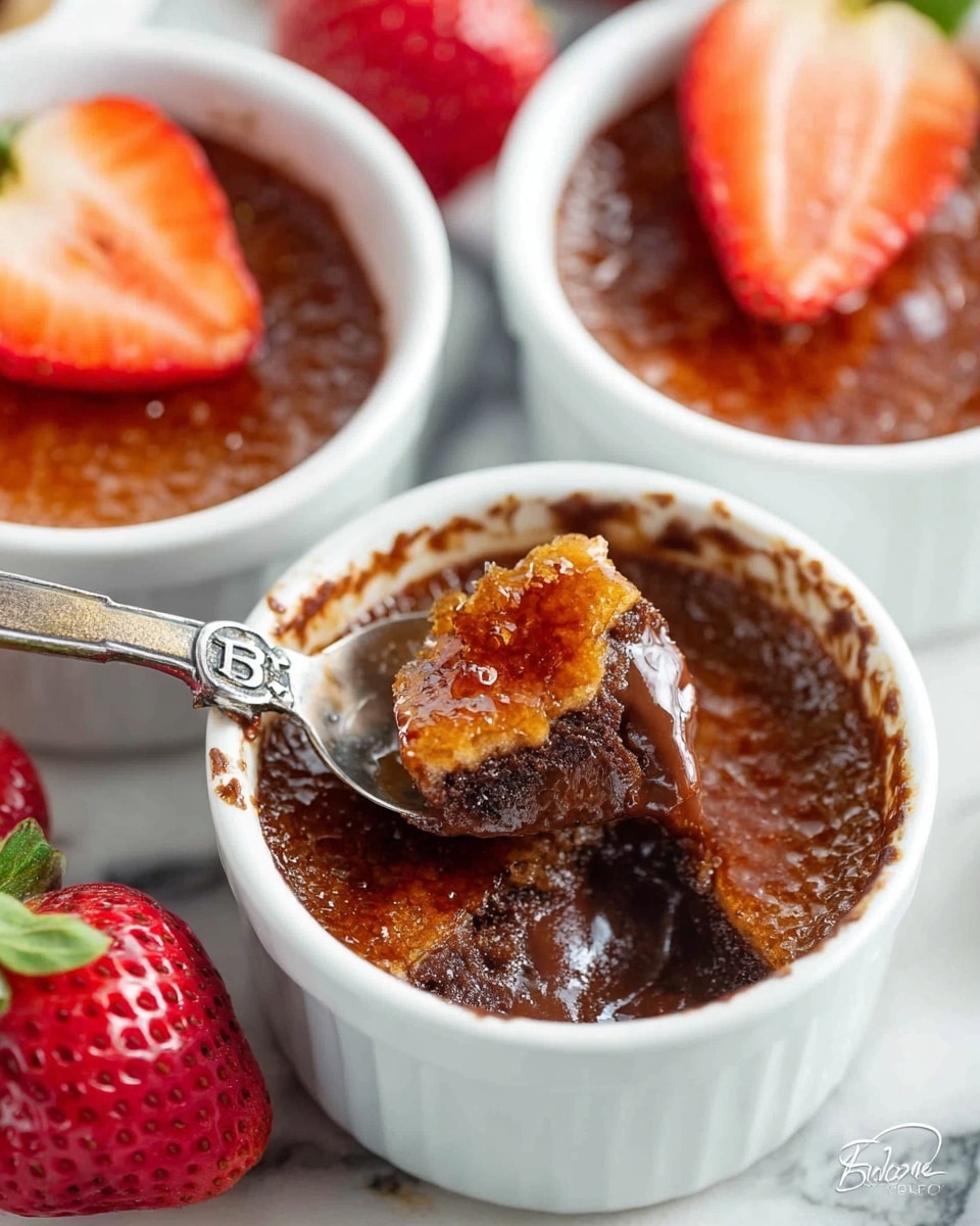 The image shows three white ramekins filled with chocolate crème brûlée on a white marbled surface. Each ramekin has a shiny, caramelized brown sugar top layer that looks cracked and slightly bubbly, exposing the creamy dark chocolate custard below. One ramekin in the front has a silver spoon inserted, lifting a chunk of the crumbled caramelized top and revealing a rich, soft, and moist chocolate layer underneath. Bright red strawberries with green leaves are scattered around the ramekins, adding a fresh contrast to the dark dessert. The photo taken with an iphone --ar 4:5 --v 7
