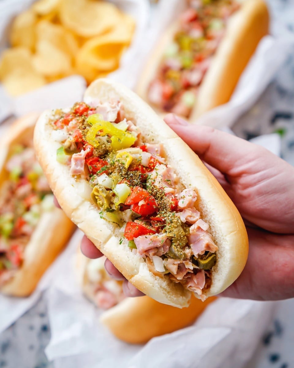 A close-up of a sandwich held by a woman's hand showing five main layers: the soft, light tan sandwich bun with a smooth texture forms the base and top; the next layer is a mix of chopped deli meats in pale pink and small red bits; atop this is a colorful layer of chopped vegetables including bright yellow pepper rings, small red tomatoes, green celery pieces, and sliced green olives, all mixed with a light dressing that gives a moist, shiny look; some dried herbs are sprinkled on top adding a speckled green detail. The background shows a white marbled surface partially covered with more sandwiches and a blurry pile of light golden potato chips. photo taken with an iphone --ar 4:5 --v 7