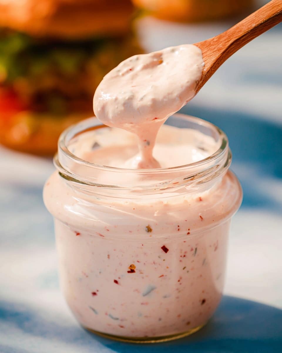 A clear glass jar filled with a thick, creamy sauce that has small bits of herbs or spices visible throughout, giving it a light beige color with specks of green and red. A wooden spoon is dipping into the jar, lifting a dollop of the sauce that looks smooth and slightly fluffy. The background shows a blurred white bowl and a white plate with a sandwich, all set on a white marbled surface. The light makes the sauce look fresh and rich. photo taken with an iphone --ar 4:5 --v 7