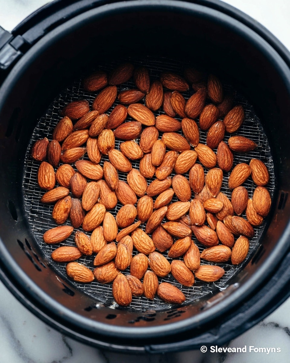 A single layer of roasted whole almonds with a shiny, slightly oily texture, deep brown color, and natural almond shape, spread evenly inside a black air fryer basket with small holes at the base, set against a white marbled surface. The almonds look crisp and evenly cooked, filling the basket but not piled up. Photo taken with an iphone --ar 4:5 --v 7