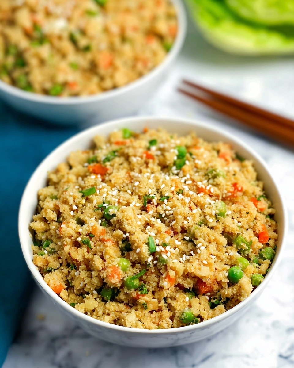 A close-up view of a white bowl filled with a crumbly, golden-brown mixture that looks like fried rice made from small, coarse grains. The mixture is speckled with small green peas, bright orange carrot pieces, and tiny bits of yellow corn, along with some thin green scallions scattered throughout. White sesame seeds are lightly sprinkled on top, adding texture contrast. The bowl sits on a white marbled surface with parts of another white bowl blurred out in the background. A wooden fork and some green lettuce leaves are slightly visible, creating a fresh and inviting setting. photo taken with an iphone --ar 4:5 --v 7