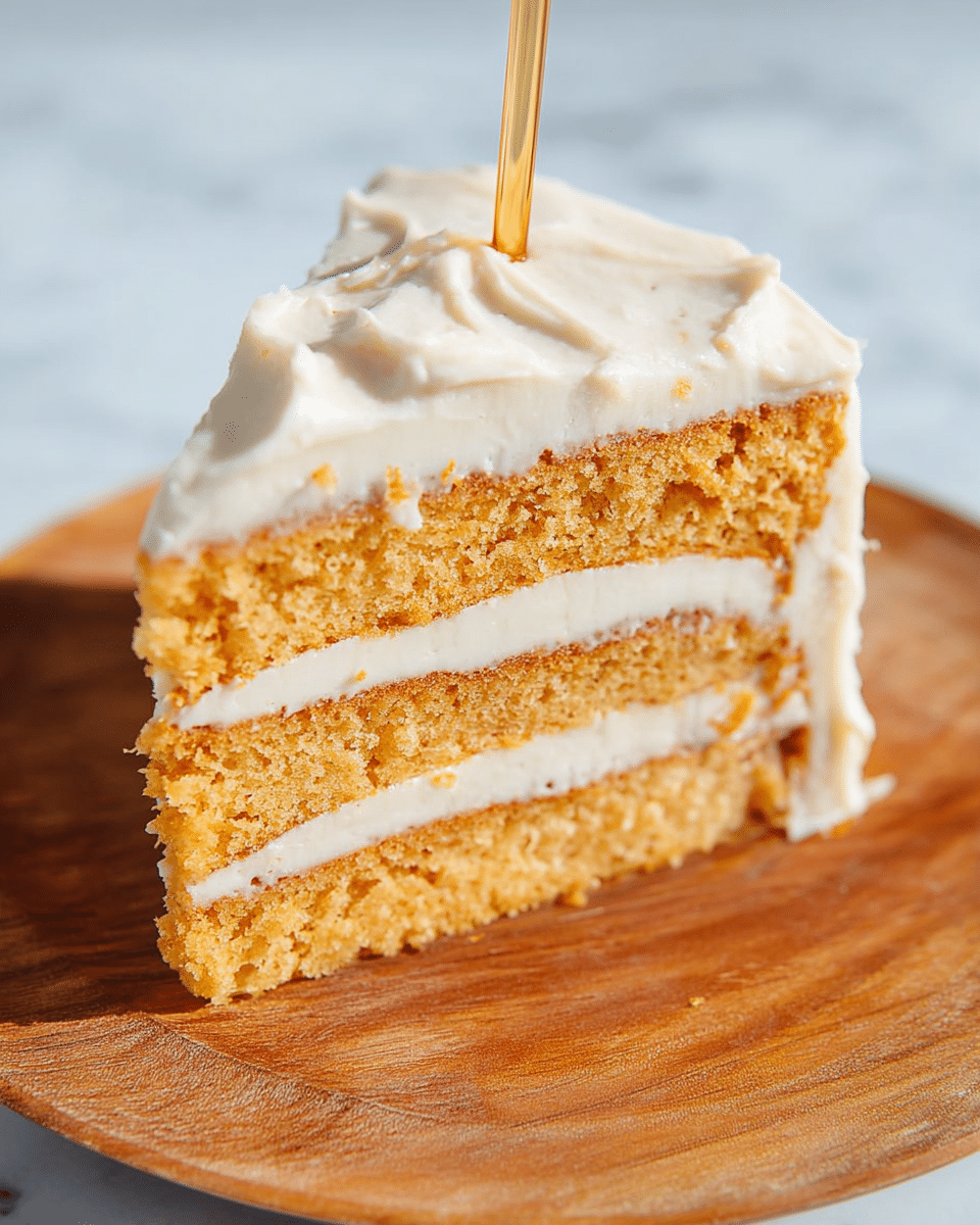 A close-up of a three-layer slice of light orange cake with thick, creamy beige frosting between each layer and covering the top in a textured swirl pattern. The cake slice is placed on a round white plate, which is set on a white marbled surface. A thin, transparent tube sticks out from the top center of the cake. photo taken with an iphone --ar 4:5 --v 7