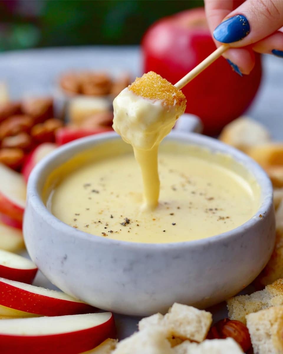 A white wooden stick holds a small cube of light golden-brown bread that is dipped into thick, creamy pale yellow cheese with small black pepper specks, dripping back into a red bowl filled with the cheese. The bowl is surrounded by light cream-colored bread pieces and apple wedges with white flesh and red skin, all set on a white marbled surface with blurred colorful objects in the background. photo taken with an iphone --ar 4:5 --v 7