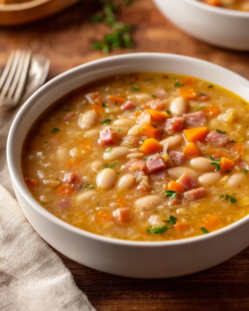 A close-up of a white bowl filled with thick soup, showing several layers of ingredients. The base layer is a golden-yellow broth with a smooth texture, mixed with small diced carrots that add bright orange color. Scattered throughout the soup are large white beans and small cubes of light pink meat, creating a chunky texture. Bits of finely chopped green herbs are sprinkled on top, adding a touch of freshness. The bowl sits on a white marbled surface, with a gray cloth napkin and fork nearby. photo taken with an iphone --ar 4:5 --v 7