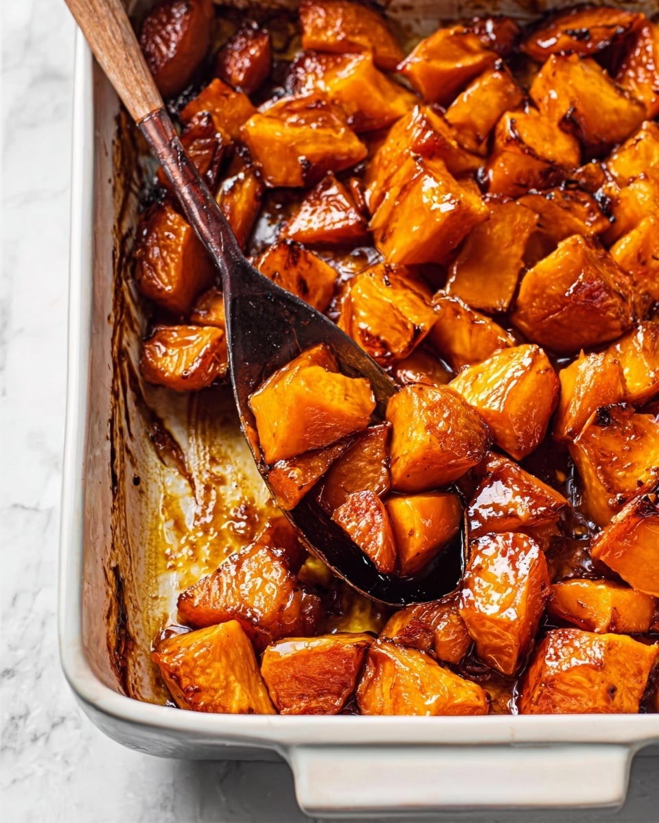 A close-up image of a white rectangular baking dish filled with cooked sweet potatoes cut into chunks, covered in a shiny, thick, caramel-colored sauce. The chunky pieces have a slightly charred, crispy texture on some edges, and the sauce glistens under the light, pooling a bit at the bottom. A large metal spoon rests inside the dish, partially submerged in the sauce and sweet potatoes, with a woman's hand holding it from the top left corner. The dish sits on a white marbled surface, adding a clean, elegant background. Photo taken with an iphone --ar 4:5 --v 7