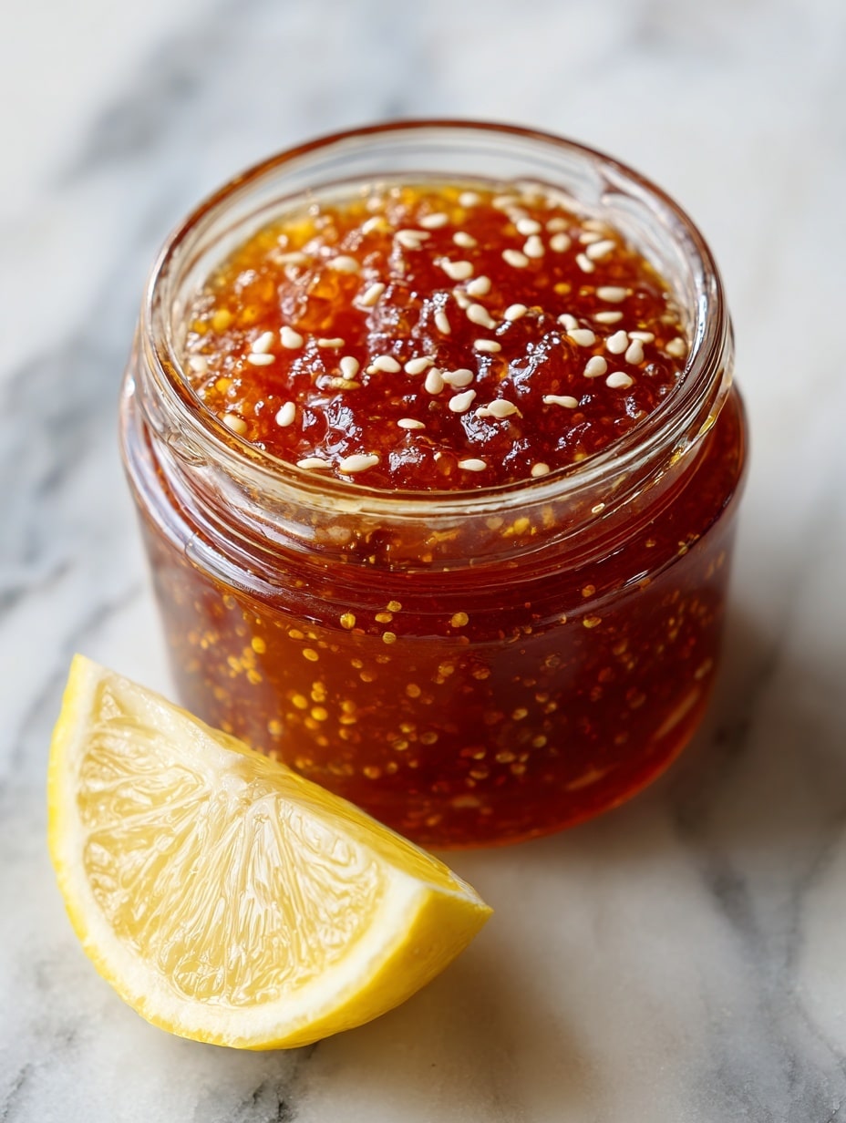 A small glass jar is filled with a chunky, amber-colored jam that has visible fruit pieces and seeds inside. The jam surface is sprinkled with small white sesame seeds. The jar sits on a white marbled surface with a lemon slice placed beside it, showing the bright yellow peel and pale juicy inside. The scene is closely focused, capturing the shiny texture of the jam and the freshness of the lemon. photo taken with an iphone --ar 4:5 --v 7