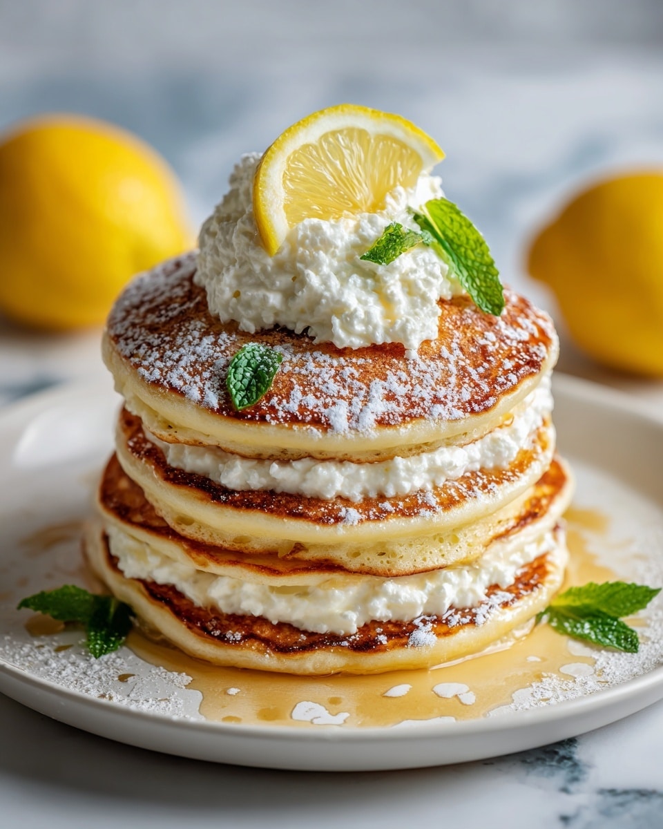 A stack of three golden brown pancakes with a slightly crispy texture on top, layered with white creamy cottage cheese in between each pancake. The top pancake is decorated with a dollop of cottage cheese, a half lemon slice, and green mint leaves. The pancakes sit on a white plate with some syrup pooling around the base, sprinkled with powdered sugar and small mint leaves. The background shows two out-of-focus whole lemons on a white marbled texture. photo taken with an iphone --ar 4:5 --v 7