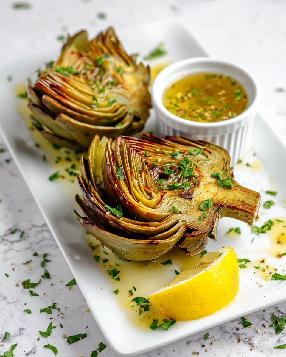The image shows two grilled artichoke halves placed side by side on a white rectangular plate with visible char marks and a glistening surface from oil or butter, lightly sprinkled with chopped green herbs. Behind them is a small white ramekin filled with a golden-yellow dipping sauce, topped with herbs and spices, and beside it is a bright yellow lemon wedge. The plate sits on a white marbled textured surface, giving the entire presentation a fresh and clean look. photo taken with an iphone --ar 4:5 --v 7