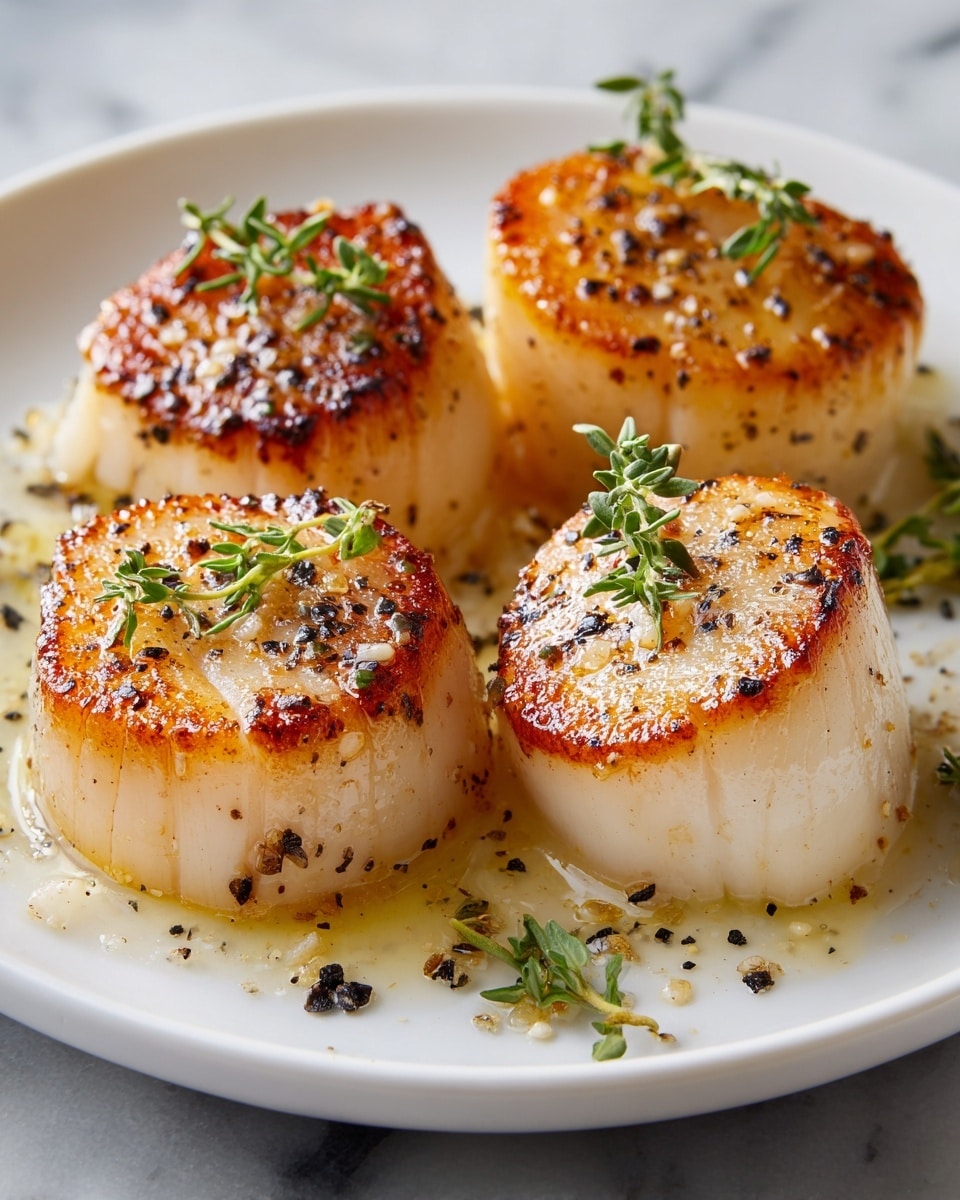 Four thick, round scallops with a golden-brown seared top layer sit on a white plate, each scallop glistening with a light coat of oil and small black pepper specks. The scallops have a smooth, creamy white base layer with a slightly caramelized, textured top layer. Fresh small green sprigs of thyme are placed both on top and beside the scallops, adding contrast with their green leaves and brown stems. The plate rests on a white marbled surface, softly reflecting light. photo taken with an iphone --ar 4:5 --v 7