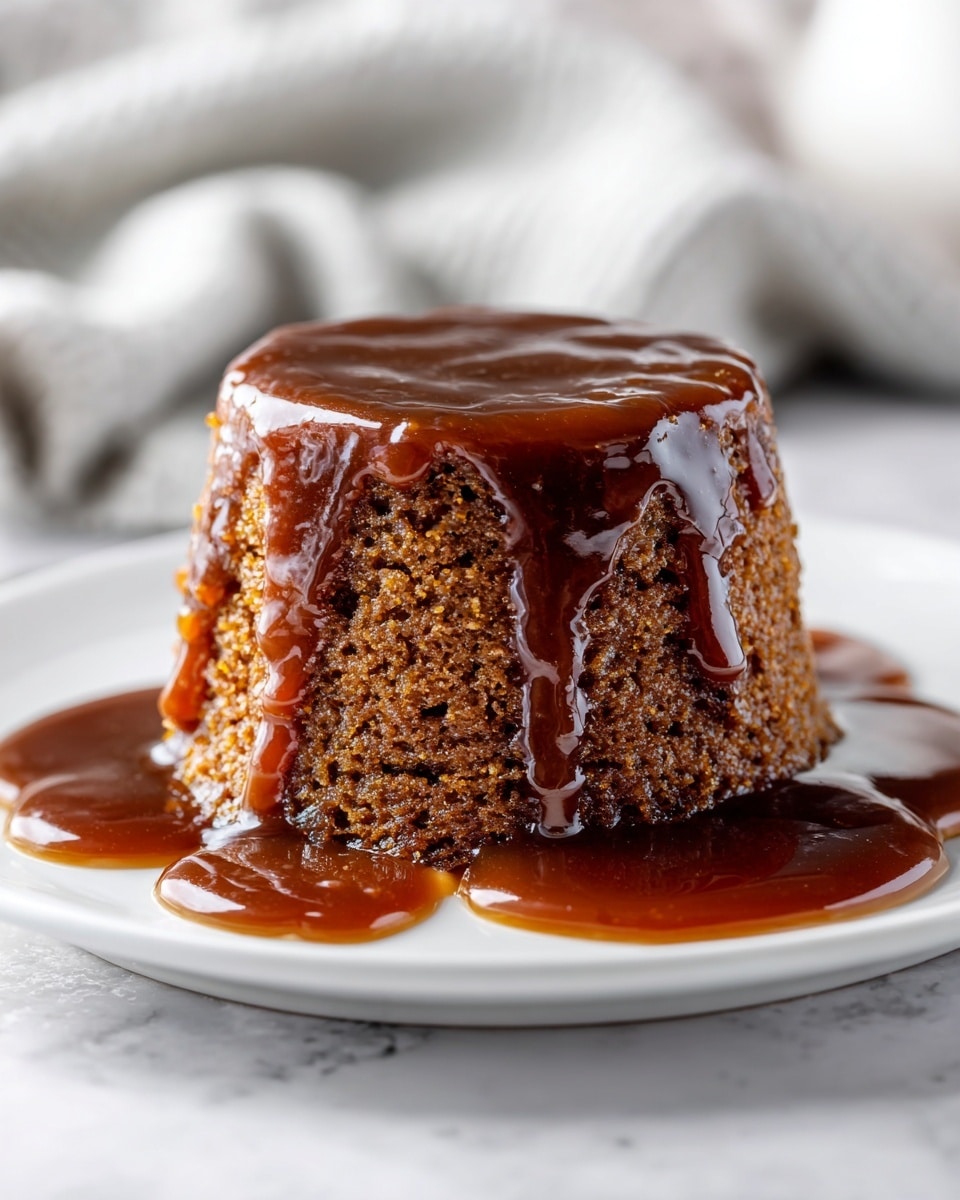 A small, round sticky toffee pudding sits in the center of a white plate with speckles, covered in thick, shiny, dark caramel sauce that drips down the sides and pools around the base. The pudding itself is textured and moist, with a rich brown color showing through the flowing sauce. The background features a soft grey cloth and a blurred white marbled surface. Photo taken with an iphone --ar 4:5 --v 7