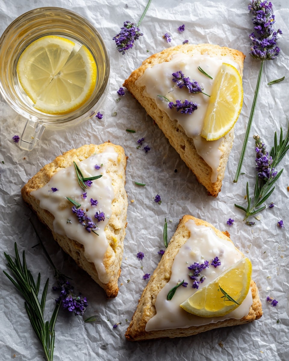 Four triangular scones are placed on crinkled parchment paper over a white marbled surface. Each scone has one thick, crumbly golden-brown layer topped with a smooth, glossy white icing. Tiny purple lavender flowers and small green rosemary needles are scattered on the icing. The top right scone has a bright yellow lemon wedge placed on its peak. Fresh sprigs of lavender and rosemary are placed around the scones. A round glass cup with a slice of lemon floating in a clear drink is seen at the top left corner. photo taken with an iphone --ar 4:5 --v 7