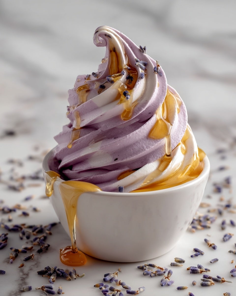 A small white bowl filled with two thick swirls of light purple frozen yogurt stacked on top of each other, topped with a glossy golden honey drizzle slowly running down the sides and a few small dried lavender buds scattered on the yogurt and around the bowl on a white marbled surface. photo taken with an iphone --ar 4:5 --v 7