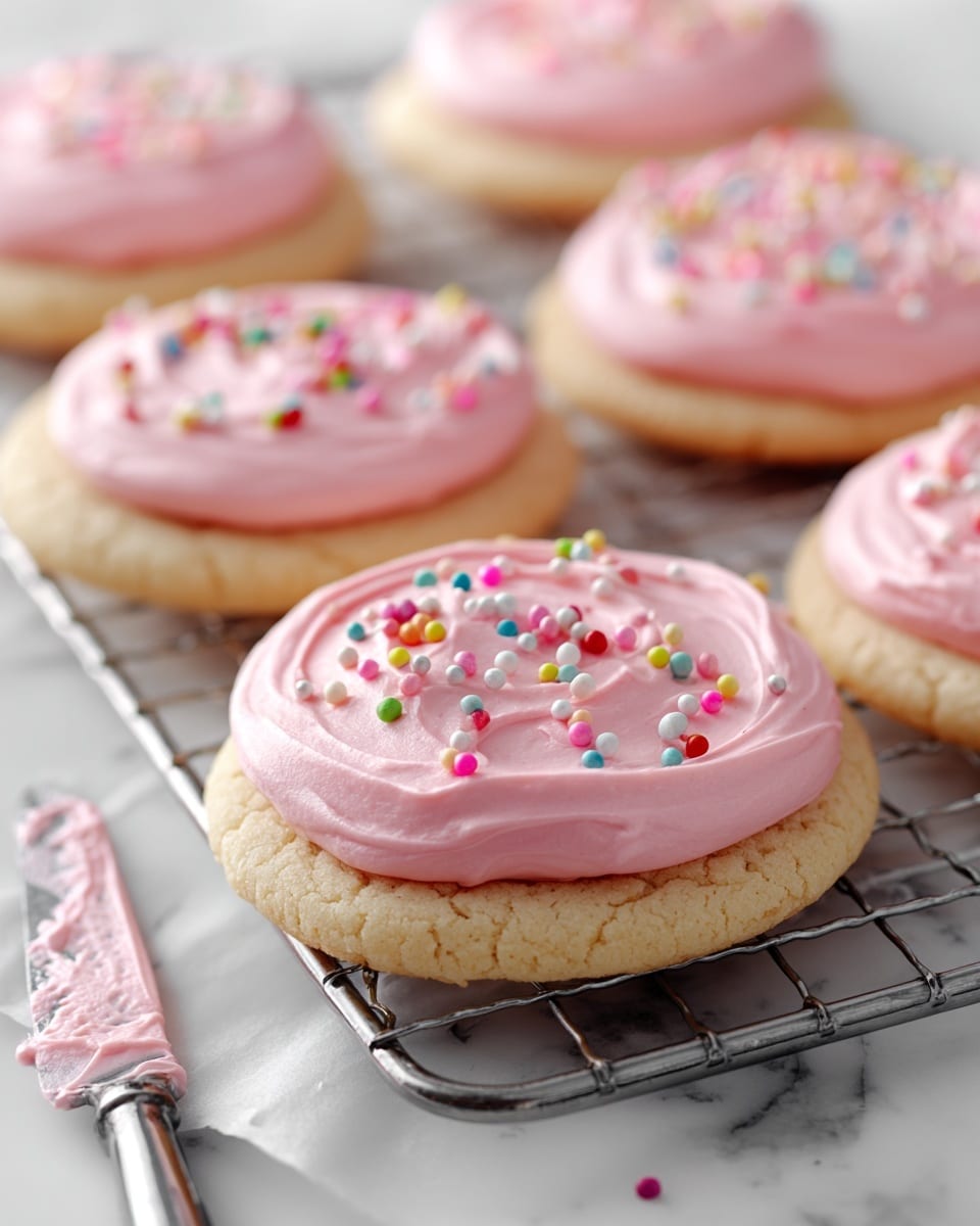 The image shows three round sugar cookies with a light golden color on a silver cooling rack over a white marbled surface. Each cookie is topped with a thick, smooth layer of light pink frosting that covers the entire surface of the cookie. On top of the frosting are small, round colorful sprinkles scattered unevenly over each cookie. The sprinkles come in red, yellow, green, blue, pink, and white. On the lower left corner of the image, a knife is shown with some pink frosting on its blade, partially in the frame. The cookies have a soft and slightly cracked texture, and the overall scene is bright and clean. photo taken with an iphone --ar 4:5 --v 7