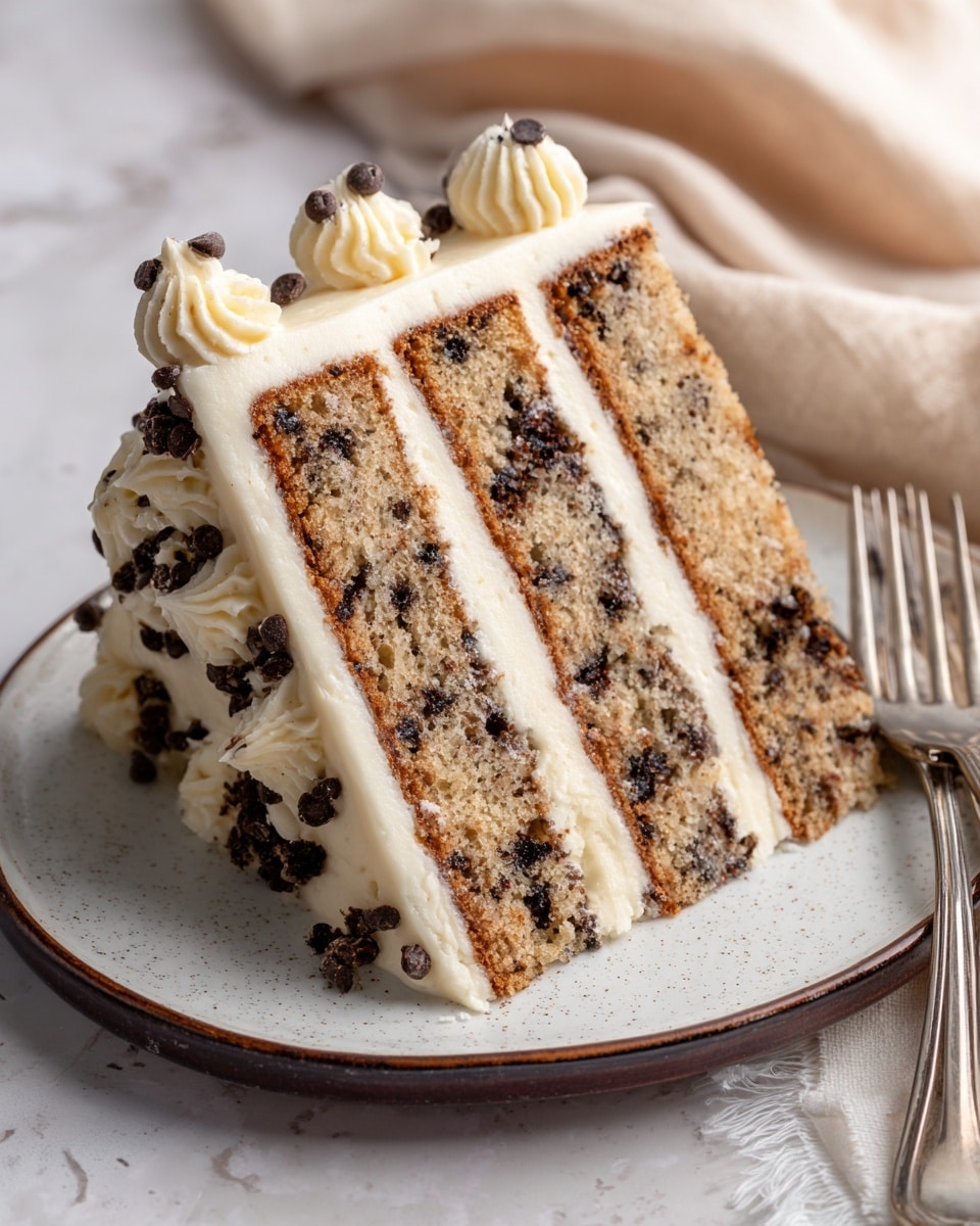 A thick slice of three-layer chocolate chip cake sits on a white plate with a dark rim, placed on a white marbled surface. Each cake layer is light brown with small dark chocolate chips dotted throughout, separated by creamy beige frosting layers that appear smooth and slightly fluffy. The outer edge of the slice is coated in the same frosting, thickly spread with some small chunks visible. A soft beige cloth lies near the plate and two forks are visible at the bottom left corner. Photo taken with an iphone --ar 4:5 --v 7