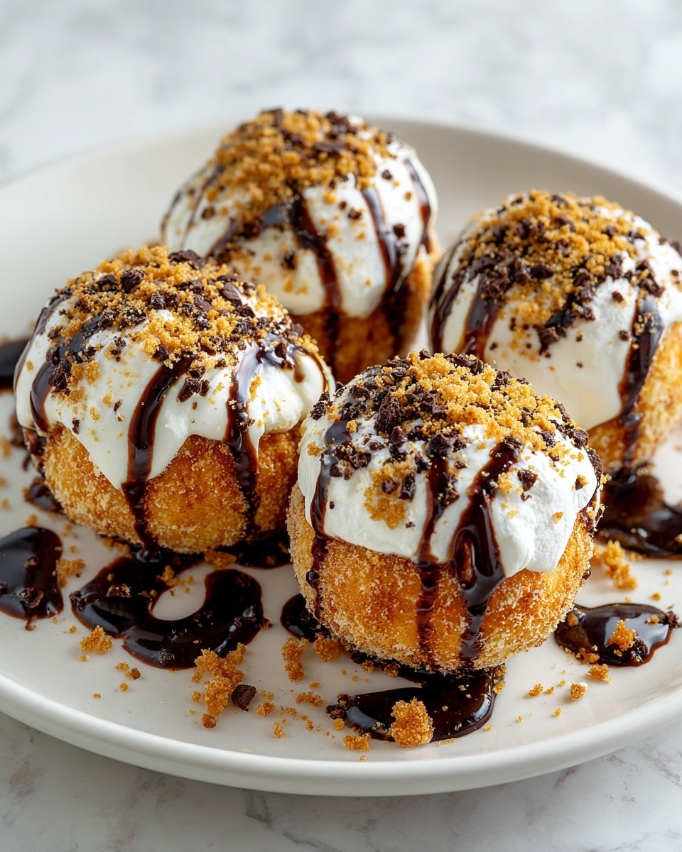 The image shows four golden brown fried s'mores bombs placed closely on a white plate with chocolate sauce artistically drizzled underneath and over the desserts. Each s'mores bomb has a crispy outer layer, topped with a thick layer of white creamy marshmallow, sprinkled generously with crushed chocolate bits and a light dusting of powdered sugar. The chocolate drizzle on top adds a shiny, smooth texture, contrasting with the crumbly chocolate pieces. The plate rests on a white marbled surface, highlighting the warm colors and textures of the dessert. photo taken with an iphone --ar 4:5 --v 7