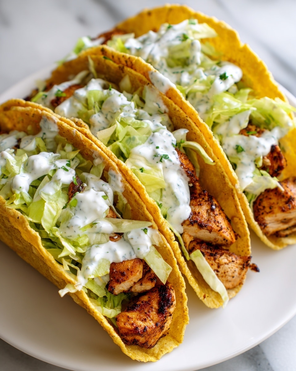 A close-up of four crispy tacos arranged in a row on a white plate, each taco filled with a base layer of seasoned, grilled chicken pieces that have a golden-brown color and slight char marks. On top of the chicken is a thick layer of shredded pale green lettuce, followed by a generous drizzle of white creamy sauce with visible green herbs mixed in. The taco shells are golden and crisp with small holes and a firm texture. The background shows a white marbled surface. Photo taken with an iphone --ar 4:5 --v 7