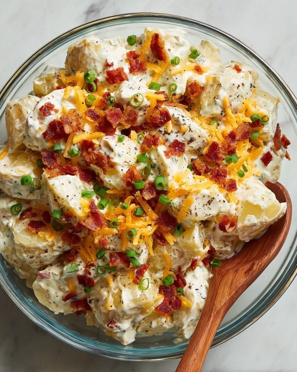 A clear glass bowl filled with creamy potato salad made of about three layers: large white potato chunks coated in thick white dressing form the base, topped with crispy reddish-brown bacon pieces, bright orange shredded cheddar cheese, and finely chopped green onions scattered evenly on top. Black pepper flecks are sprinkled throughout, and a wooden spoon is partially inserted into the mix, covered in dressing. The bowl rests on a white marbled texture. photo taken with an iphone --ar 4:5 --v 7