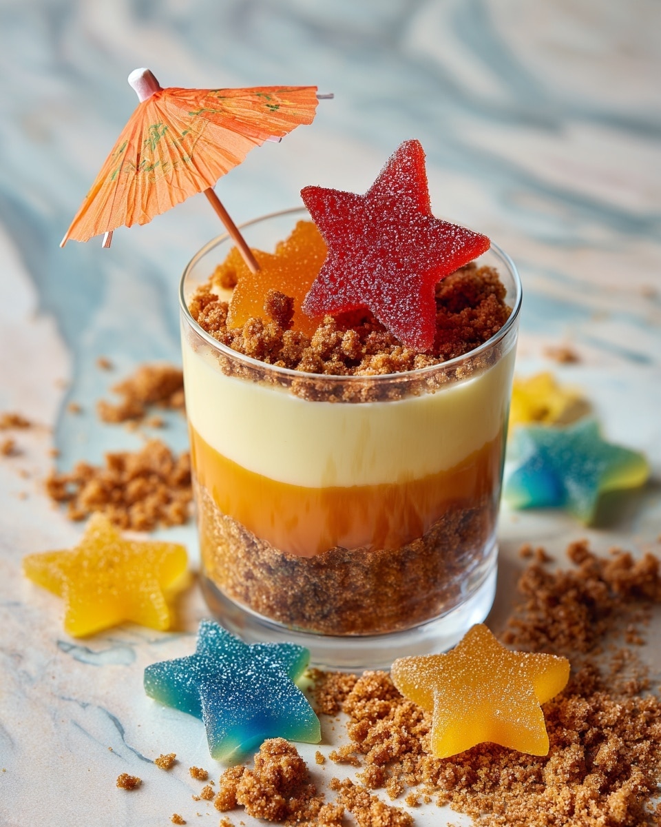 A clear cup contains a dessert with four layers: the bottom layer is crumbly, brown with dark specks, the second layer is smooth and creamy light yellow, the third layer is crumbly brown like the first, and the top layer is crumbly and uneven with small dark bits. On the top layer, there are two star-shaped gummy candies, one red and one orange, lightly coated with sugar, and a small orange paper umbrella sticks out. Around the cup, there is more crumbly brown mixture spread on a white marbled surface, with blue and yellow star-shaped sugar-coated gummies visible nearby. photo taken with an iphone --ar 4:5 --v 7