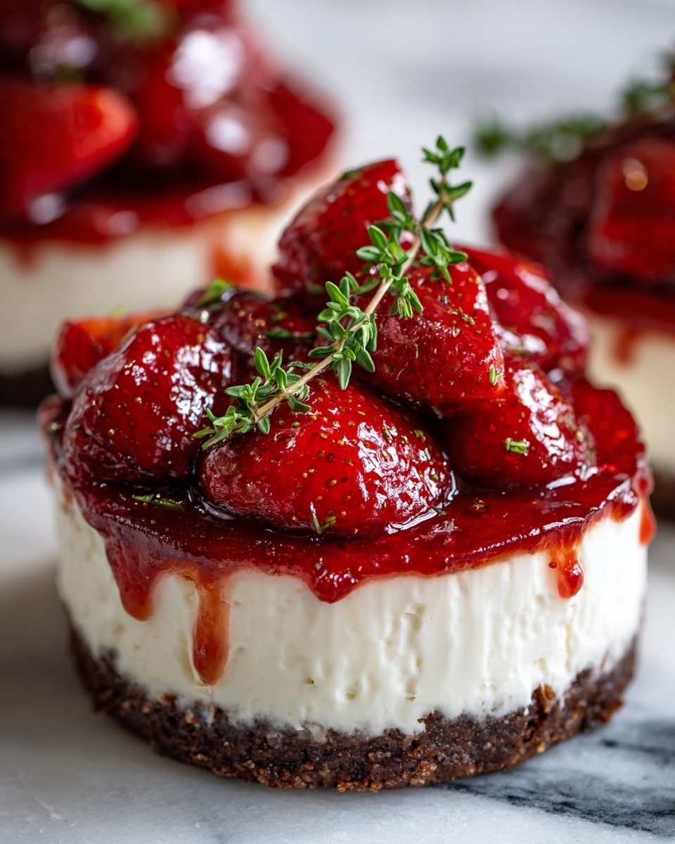 The image shows a close-up of a dessert with three clear layers: a bottom layer of dark brown crust with a rough texture, a thick middle layer of smooth white cream, and a top layer of bright red strawberries covered in a shiny glaze. A small green herb garnish sits on top of the strawberries, adding a fresh touch. The dessert is placed on a white marbled surface. photo taken with an iphone --ar 4:5 --v 7