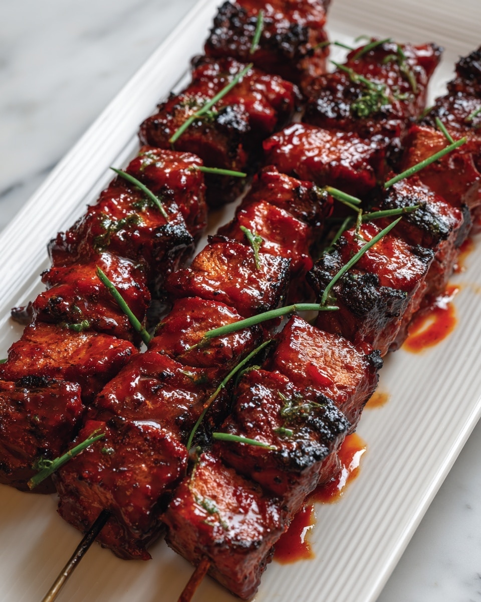 Three skewers of grilled meat sit close together on a white rectangular plate placed on a white marbled surface. Each skewer holds several pieces of reddish-brown, shiny meat with a glaze that catches the light, showing caramelized edges and darker, almost blackened grill marks. Small green chopped herbs are scattered over the meat, adding a fresh color contrast to the rich, grilled texture. The metal skewers are partially visible at the ends of the meat pieces. Photo taken with an iphone --ar 4:5 --v 7