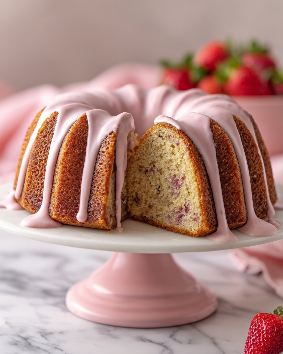 The image shows a sliced bundt cake on a pink cake stand with one slice pulled slightly out. The cake has two main layers: the outer baked golden-brown crust which is firm and slightly textured, and the inner soft, crumbly layer studded with small green and red bits, possibly herbs and fruit. The top of the cake is covered with a thin drizzle of light pink glaze that slightly drips down the sides, adding a glossy texture. The cake stand sits on a white marbled surface with blurred red strawberries and a white container in the background, along with a soft pink cloth nearby. photo taken with an iphone --ar 4:5 --v 7