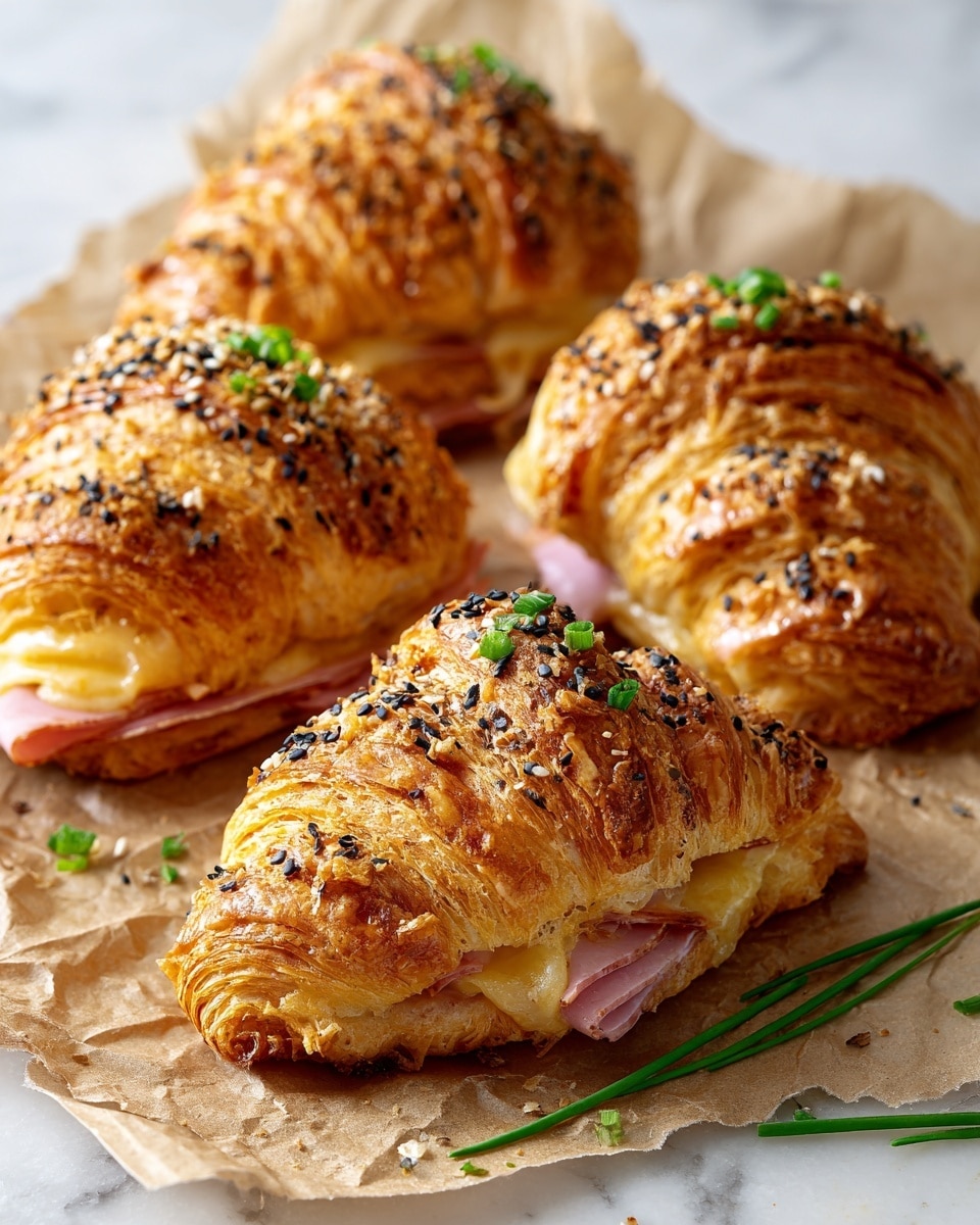 The image shows four golden brown croissant sandwiches resting on crinkled brown parchment paper over a white marbled surface. Each croissant has a crispy, flaky outer layer with visible thin layers. They are topped with black and white sesame seeds and small pieces of green onion. Inside the croissants, there is a slice of pink ham and melted yellow cheese peeking out slightly. Fresh green onion stalks lay beside the croissants. The light highlights the glossy texture and crisp edges of the croissants, making them look warm and fresh. Photo taken with an iphone --ar 4:5 --v 7