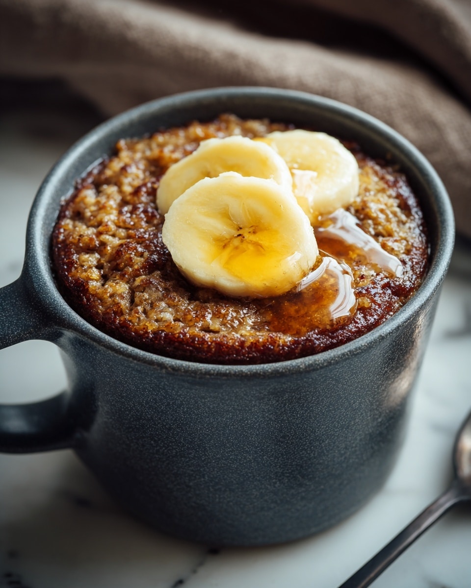 A close-up view of a dark gray mug filled with a single thick layer of brown, moist, textured baked cake, topped with two round slices of yellowish banana and a glossy drizzle of amber syrup over part of the cake and banana. The mug sits on a white marbled surface with a blurred brown cloth in the background and a dark spoon partially visible nearby. The lighting highlights the moist texture of the cake and the shiny syrup. photo taken with an iphone --ar 4:5 --v 7