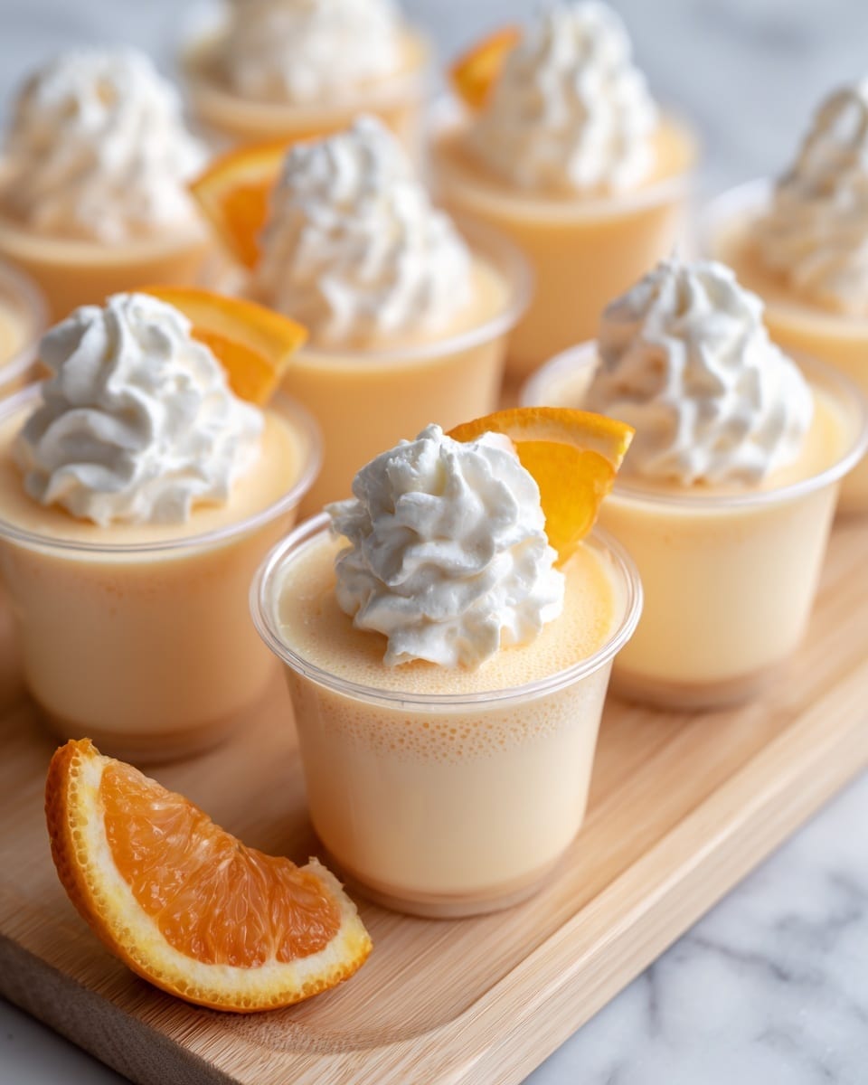 The image shows small clear plastic cups filled with a smooth, light orange mousse-like dessert, arranged on a wooden board placed on a white marbled surface. Most of the cups have a dollop of white whipped cream on top, and a few are decorated with small slices of orange wedges placed next to the whipped cream. The mousse has a soft, creamy texture with a consistent light orange color throughout. The background includes blurred additional cups of the same dessert and a white appliance. photo taken with an iphone --ar 4:5 --v 7