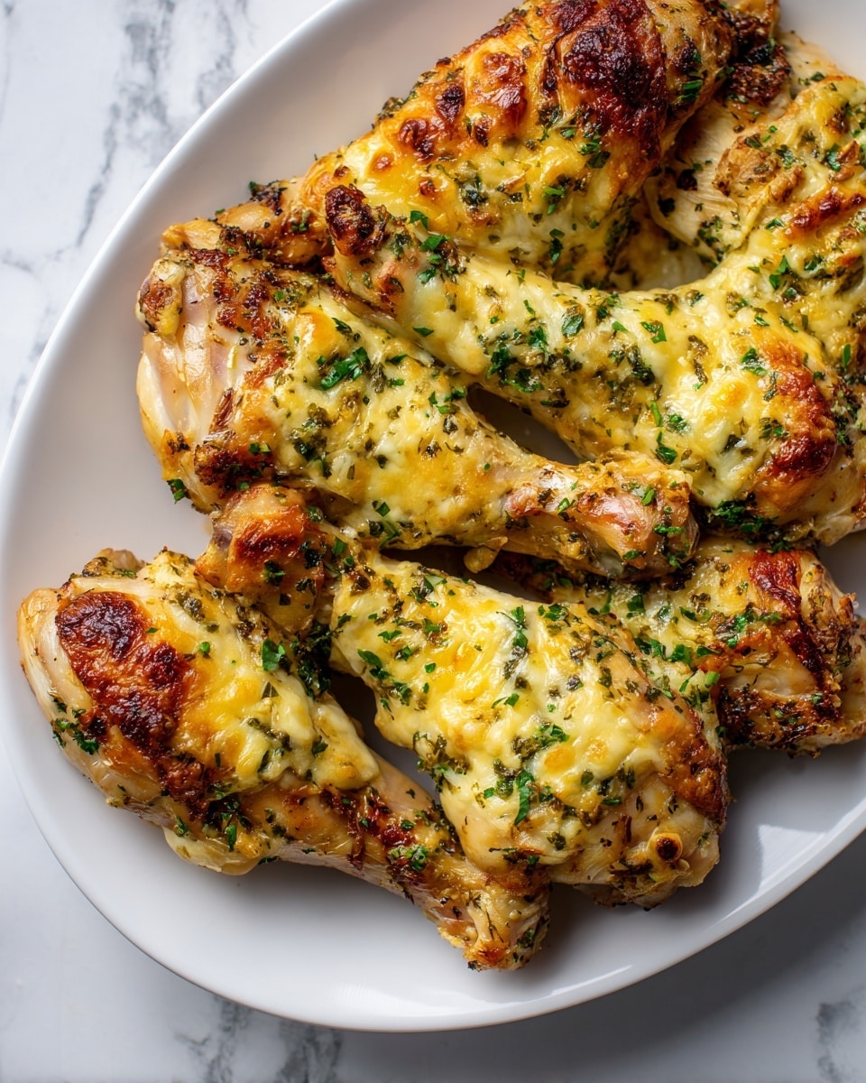 A close-up of a cast iron skillet filled with several cooked chicken drumsticks arranged in layers. The chicken pieces have a dark, crispy, and slightly charred skin with a brown and golden texture. On top of each drumstick, there is melted cheese that is creamy and light yellow, slightly browned in some spots with small green herb bits sprinkled over the cheese layer. The background is a white marbled texture. photo taken with an iphone --ar 4:5 --v 7