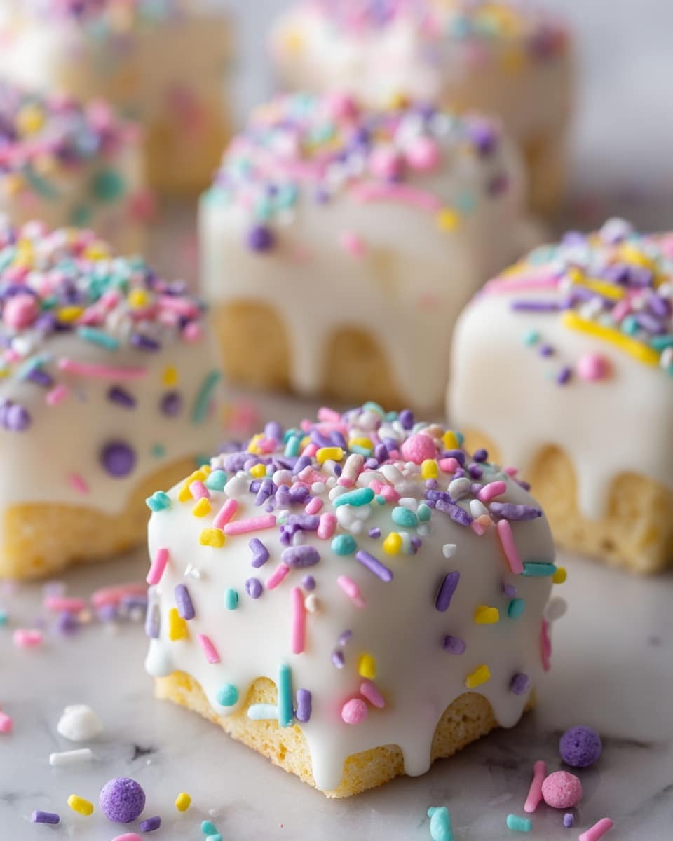 The image shows small square treats coated with smooth, light white icing, each decorated on top with colorful sprinkles in various shapes and pastel colors including pink, yellow, purple, blue, and green. The icing looks creamy and thick, covering the entire surface and slightly dripping at the edges. The treats are arranged on a flat surface with a soft focus on some pieces around, highlighting the central treat. The background is a white marbled texture that adds a clean, bright feel to the image. Photo taken with an iphone --ar 4:5 --v 7