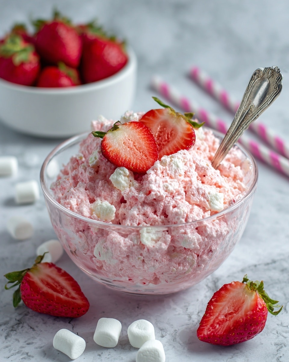A clear glass bowl filled with a pink, fluffy mixture that looks creamy and light, with small bits of white visible inside. On top, there are two strawberry halves with bright red color and green leaves, and one whole strawberry partially embedded in the fluff. A silver spoon with ornate patterns is stuck into the mixture on the right side of the bowl. In the background, there is a white bowl filled with whole strawberries and a light pink and white striped straw on a white marbled surface. Small white mini marshmallows are scattered near the bowl. Photo taken with an iphone --ar 4:5 --v 7