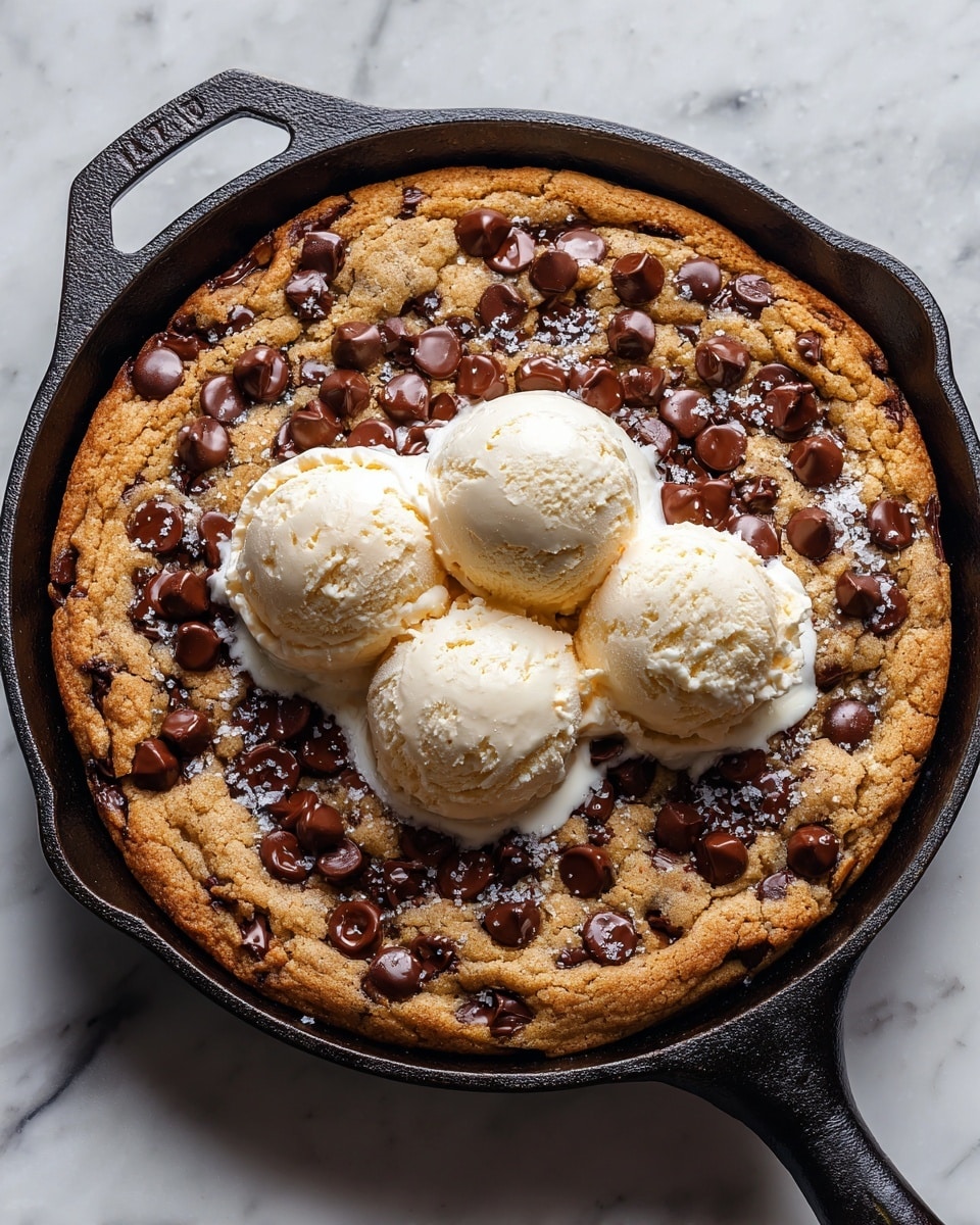A large golden-brown chocolate chip cookie baked in a black cast-iron skillet is shown. The cookie has a slightly cracked surface with many glossy dark chocolate chips melted on top, giving a rich texture. In the center, three rounded scoops of creamy light beige ice cream rest closely together, starting to soften and gently melt onto the warm cookie. The cookie’s surface is sprinkled with a few grains of coarse white salt, adding a slight contrast. The skillet sits on a white marbled surface, creating a clean and bright background. photo taken with an iphone --ar 4:5 --v 7