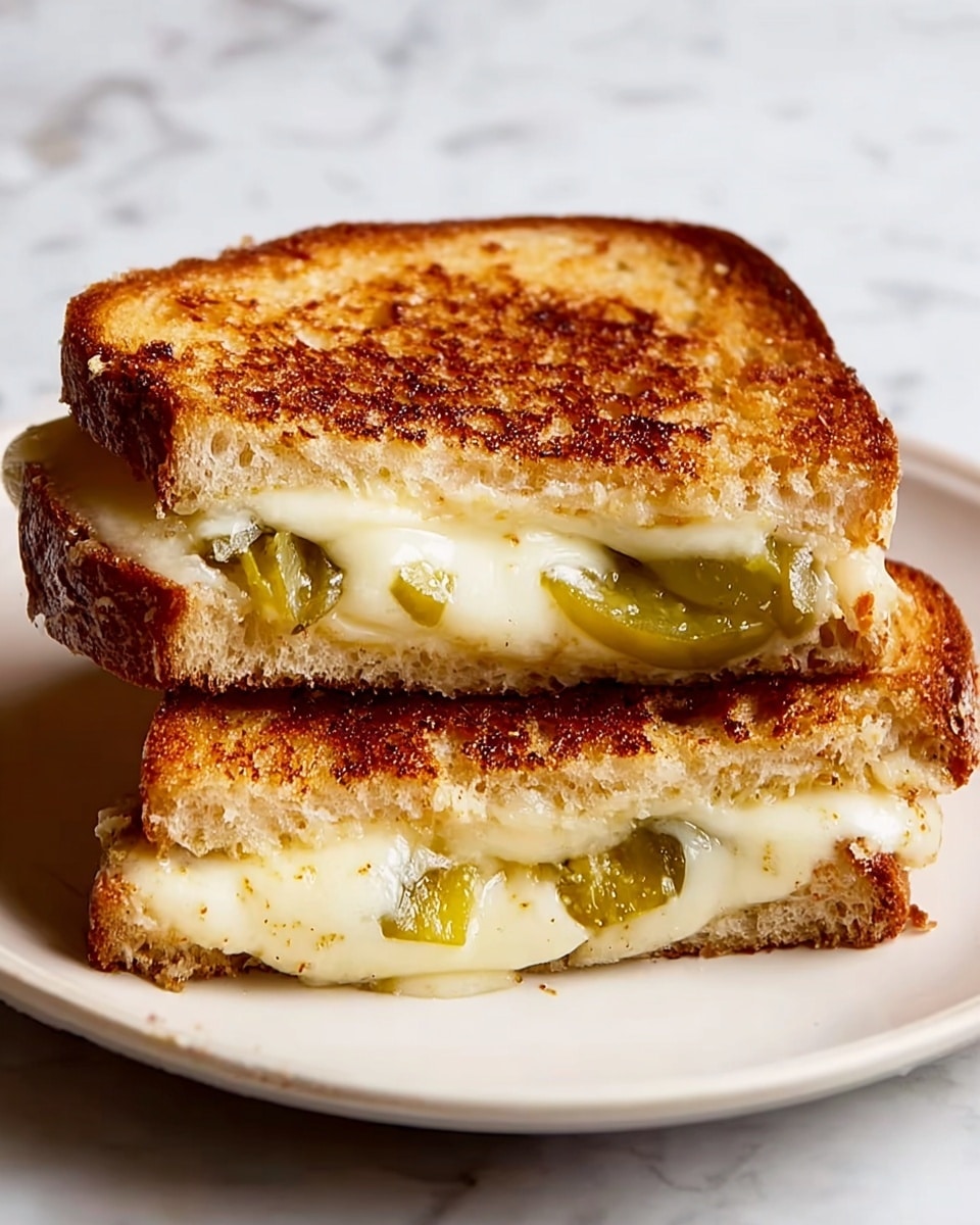 A grilled cheese sandwich cut in half and stacked, showing two visible layers of bread toasted to a golden brown with a slightly crispy texture. Between the bread layers is melted white cheese with a smooth, creamy texture, slightly oozing out, topped with a few slices of green pickles that add a glossy texture and a pop of color. The sandwich is placed on a white plate with some small crumbs scattered around, all set on a white marbled surface. photo taken with an iphone --ar 4:5 --v 7