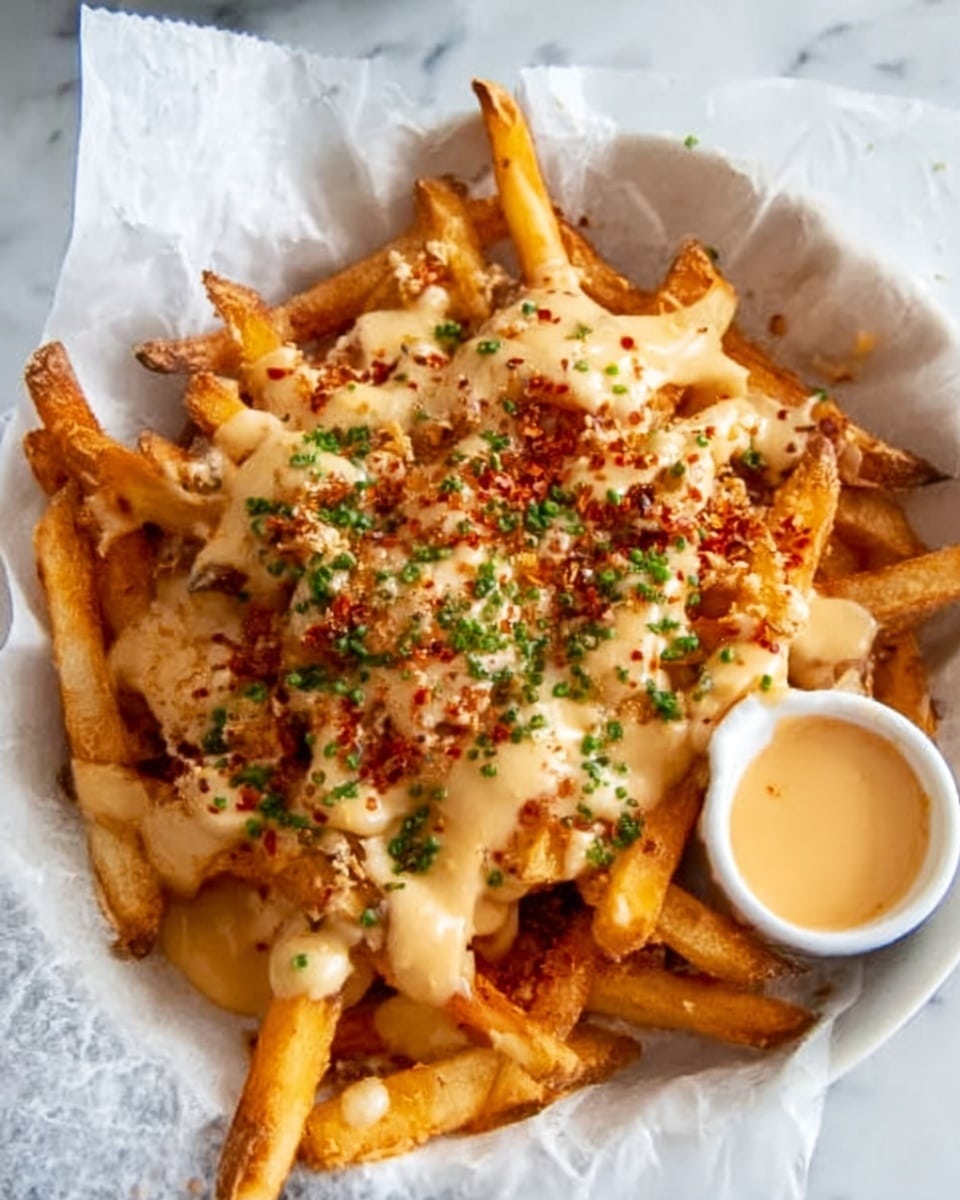 A white bowl lined with white parchment paper holds a generous serving of golden, crispy French fries as the base layer. The fries are topped with a layer of melted, creamy cheese sauce that drapes over them with a smooth and slightly gooey texture. Sprinkled evenly on top are small bits of green herbs and a few red chili flakes, adding a pop of color and texture contrast. To the side of the bowl, there is a small white cup with a pale yellow dipping sauce. The whole setup sits on a white marbled surface. Photo taken with an iphone --ar 4:5 --v 7