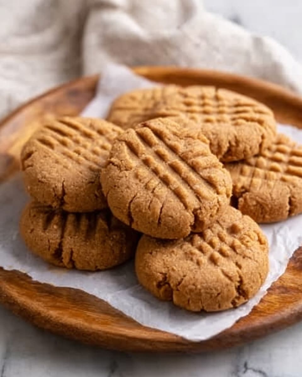 A wooden plate with a white paper on it holds seven round peanut butter cookies, each cookie showing fork press marks on top that create a crisscross pattern. The cookies are light brown with a slightly cracked texture and stacked close together, some partly overlapping. The background is a white marbled surface with a soft cloth partially visible behind the plate. photo taken with an iphone --ar 4:5 --v 7