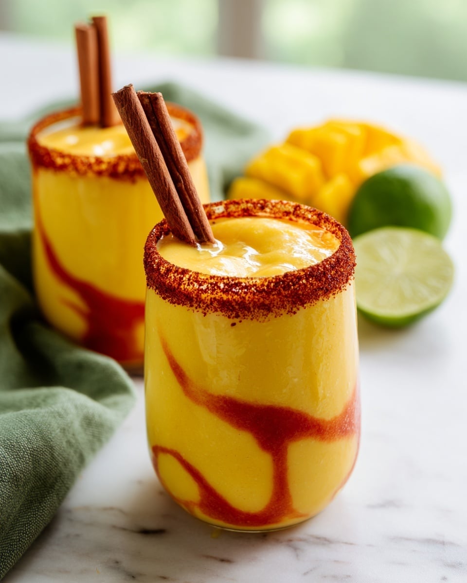 The image shows two glasses filled with a thick, yellow mango smoothie that has red sauce swirled inside, creating a marbled effect mainly near the bottom and middle. Each glass is rimmed with a dark reddish-brown spice mix, adding a rough texture around the top edge. A long reddish-brown stick is placed vertically in each glass, standing out against the bright yellow smoothie. The background is a white marbled surface with a green cloth, and slices of fresh mango and lime are partially visible, adding fresh and natural elements to the scene. Photo taken with an iphone --ar 4:5 --v 7