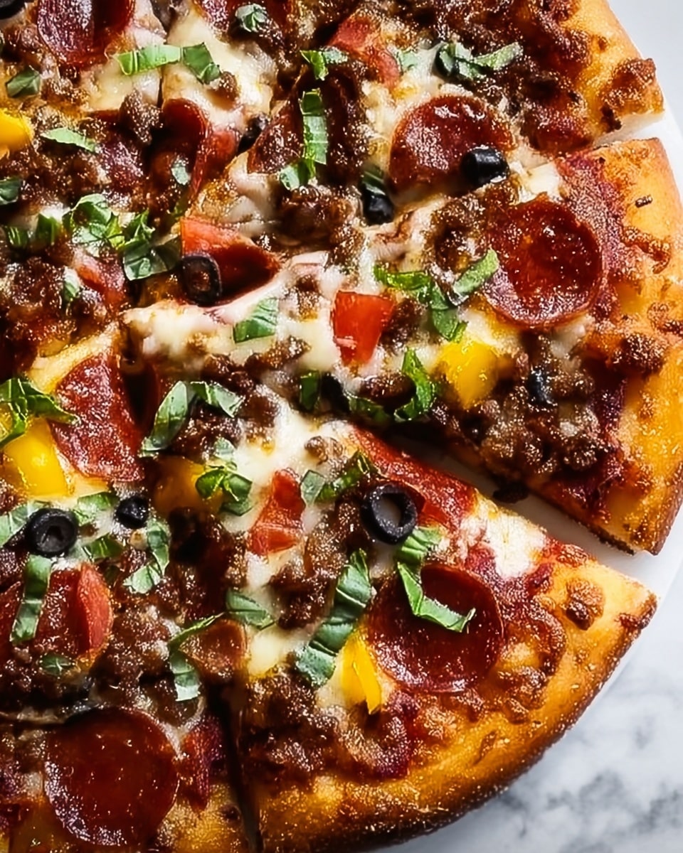 A close-up view of a whole pizza sliced into eight pieces, showing a thick golden crust with a slightly crispy edge. The first base layer is a red tomato sauce, covered by a melted white and light brown cheese layer that looks stretchy and gooey. On top, there are round, red-brown pepperoni slices spread evenly, small black olive rings, yellow bell pepper chunks, browned ground meat bits, and scattered fresh green basil leaves adding a fresh texture and color contrast. The pizza is placed on a white plate that rests on a white marbled surface. Photo taken with an iphone --ar 4:5 --v 7