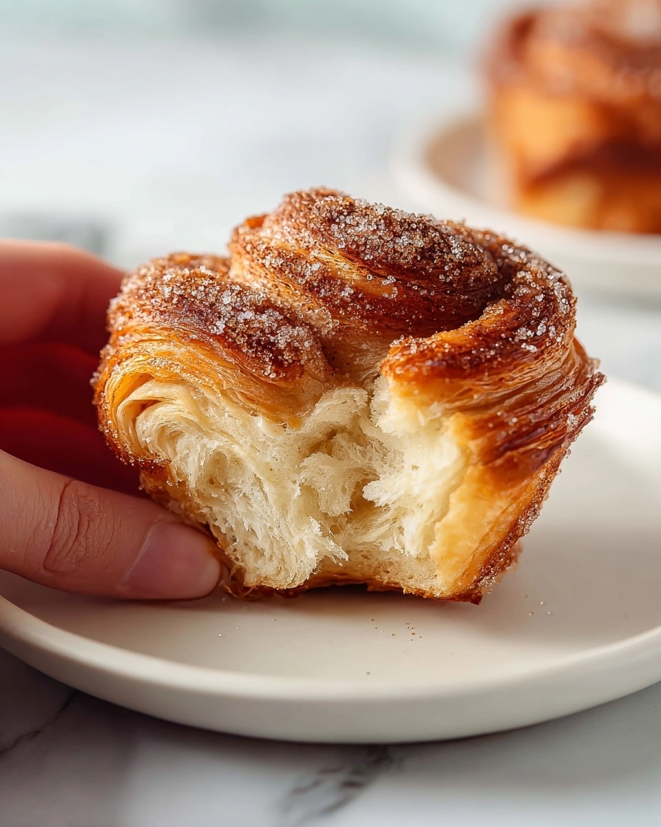 A close-up view of a single cinnamon sugar pastry resting on a clean white plate, showing multiple delicate layers of golden brown, flaky dough with a crispy top sprinkled with coarse sugar crystals and cinnamon. The bottom part is soft and light beige in texture with a visible bite taken out, revealing the airy inside. A woman's hand gently holds the plate from the left side. The background is softly blurred with a white marbled surface beneath. photo taken with an iphone --ar 4:5 --v 7