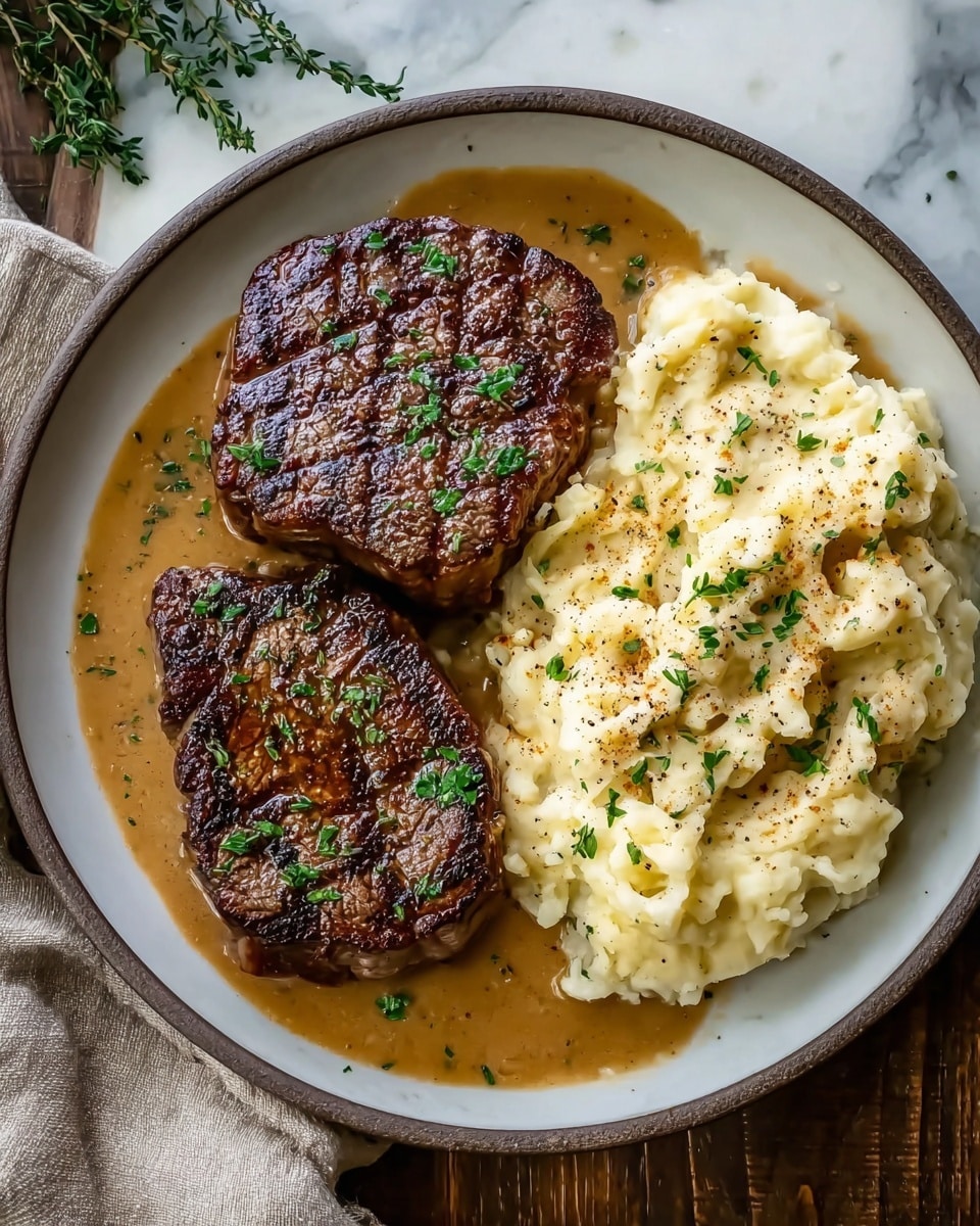 Two thick, seared brown steaks with grill marks sit on the left side of a white plate, covered lightly with green parsley flakes. On the right side, there is a creamy pile of pale yellow mashed potatoes with a smooth, slightly lumpy texture, topped with black pepper and chopped parsley. Both the steak and mashed potatoes rest in a rich, light brown sauce that edges the plate. The plate is set on a white marbled texture wooden surface with a beige cloth nearby and hints of fresh thyme visible in the corner. Photo taken with an iphone --ar 4:5 --v 7